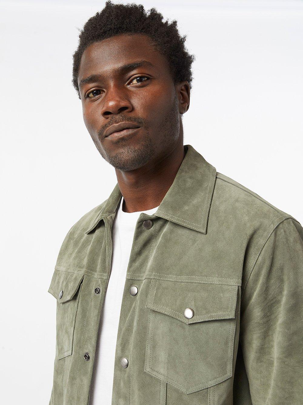 FRAME Modern Suede Trucker in Deep Army 