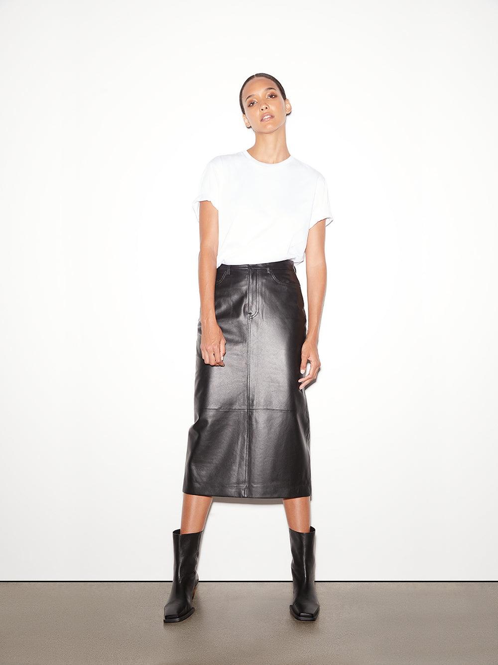 FRAME Leather Midi Skirt in Black | Lyst