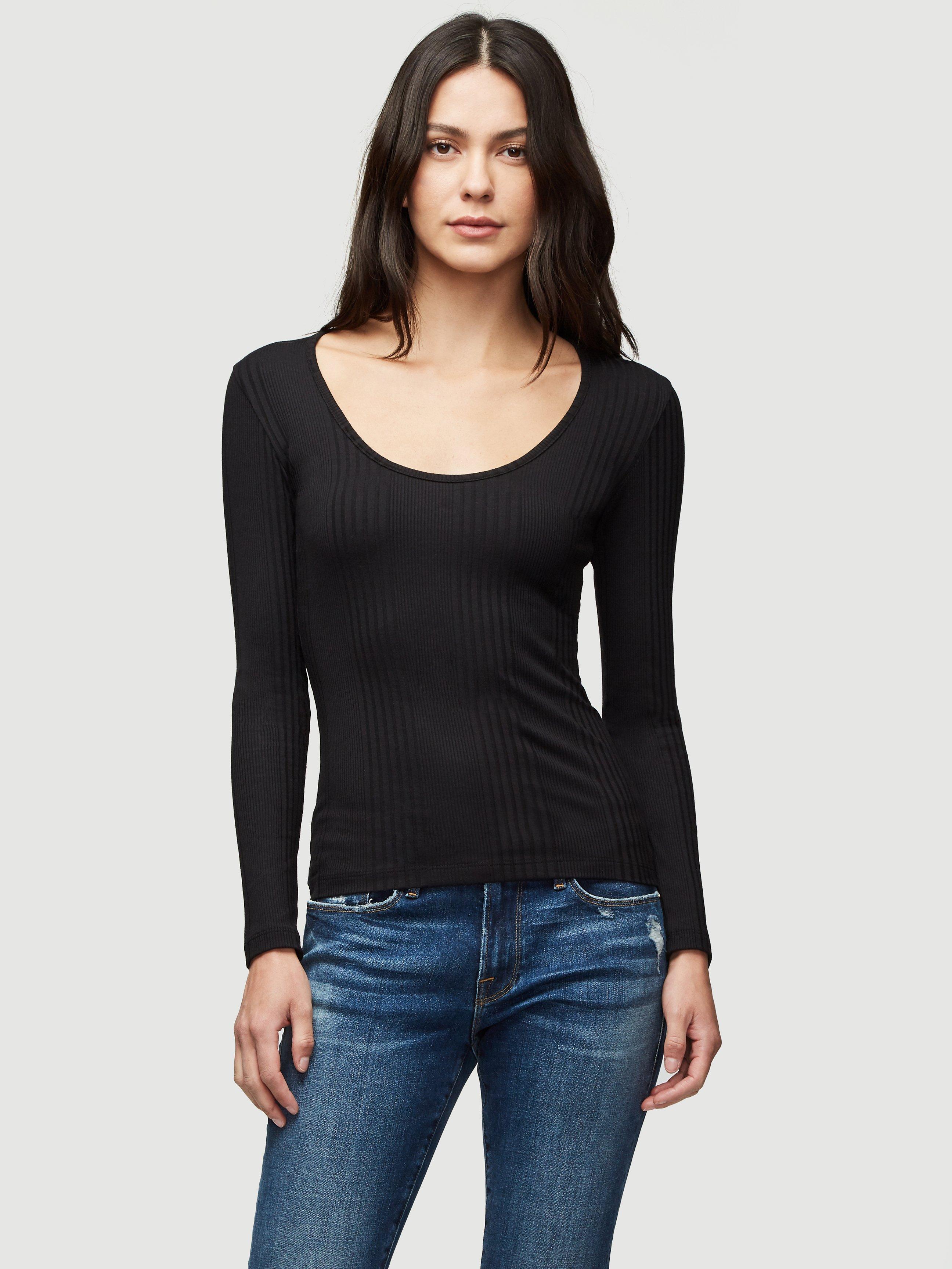 FRAME Denim Scoop Neck Variegated Long Sleeve Tee in Black