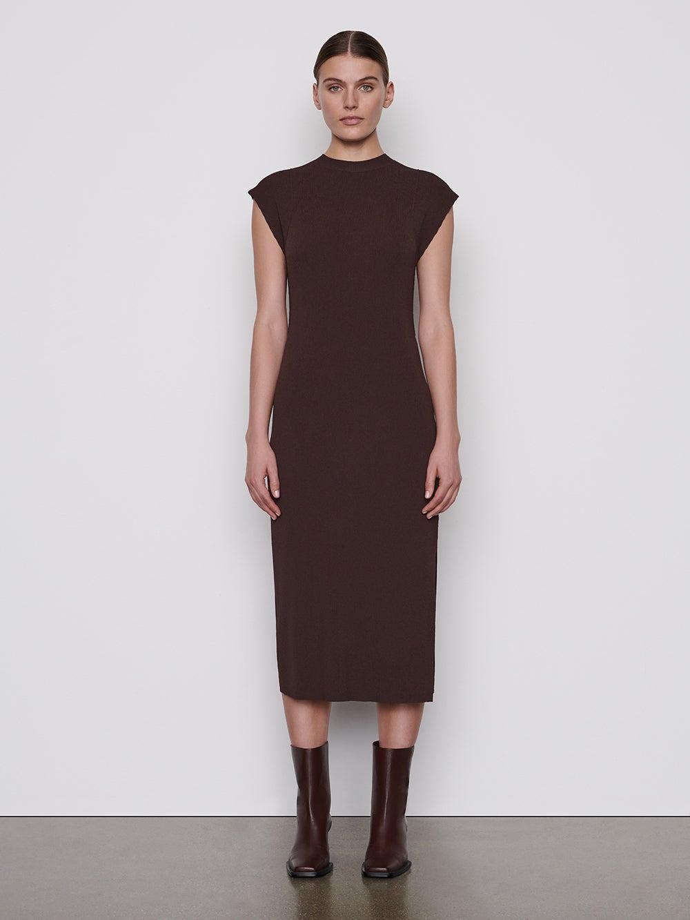 FRAME Cap Sleeve Rib Dress in Mahogany 