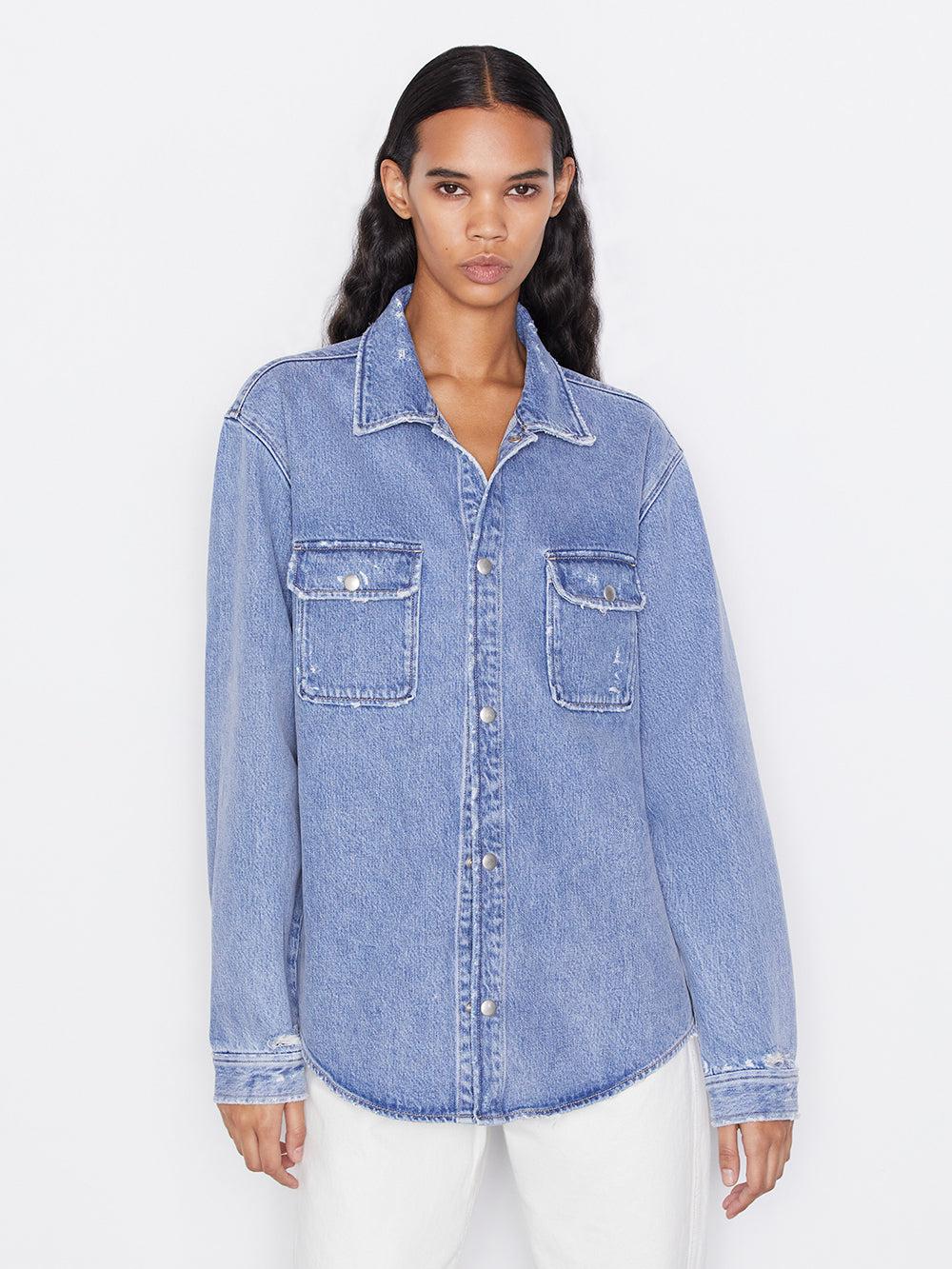 FRAME Double Pocket Denim Shirt in Blue 