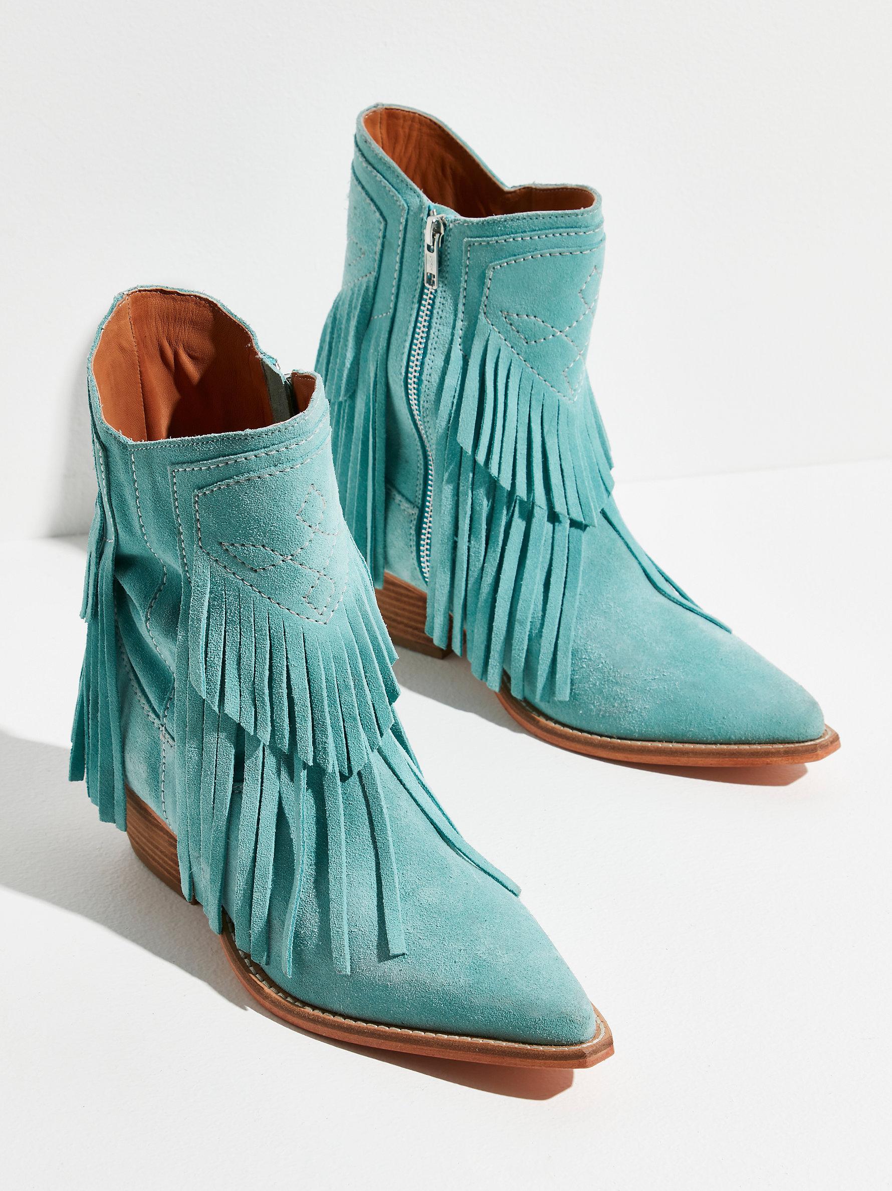 teal fringe booties