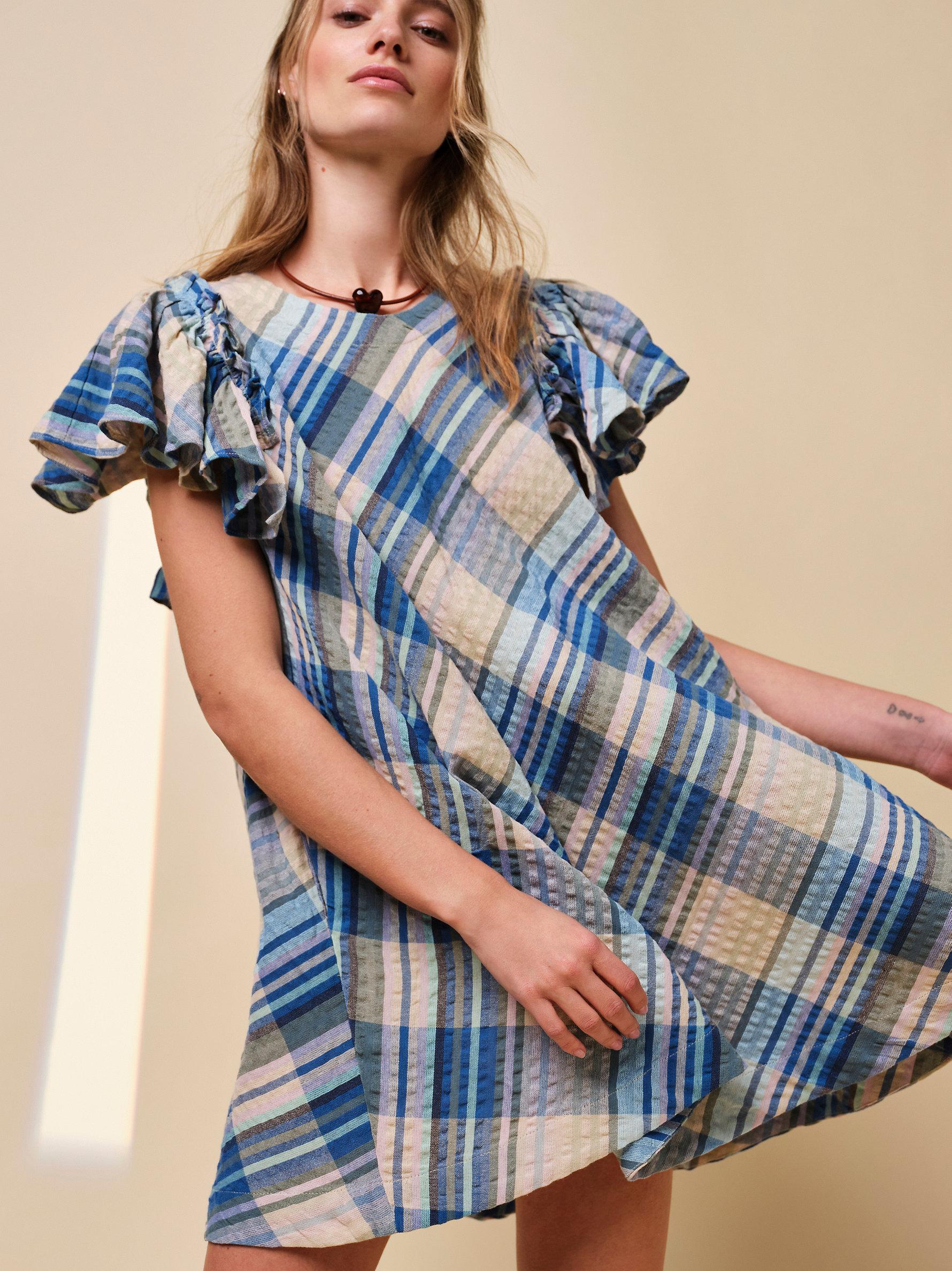 Free People Yara Madras Mini Dress in Blue | Lyst
