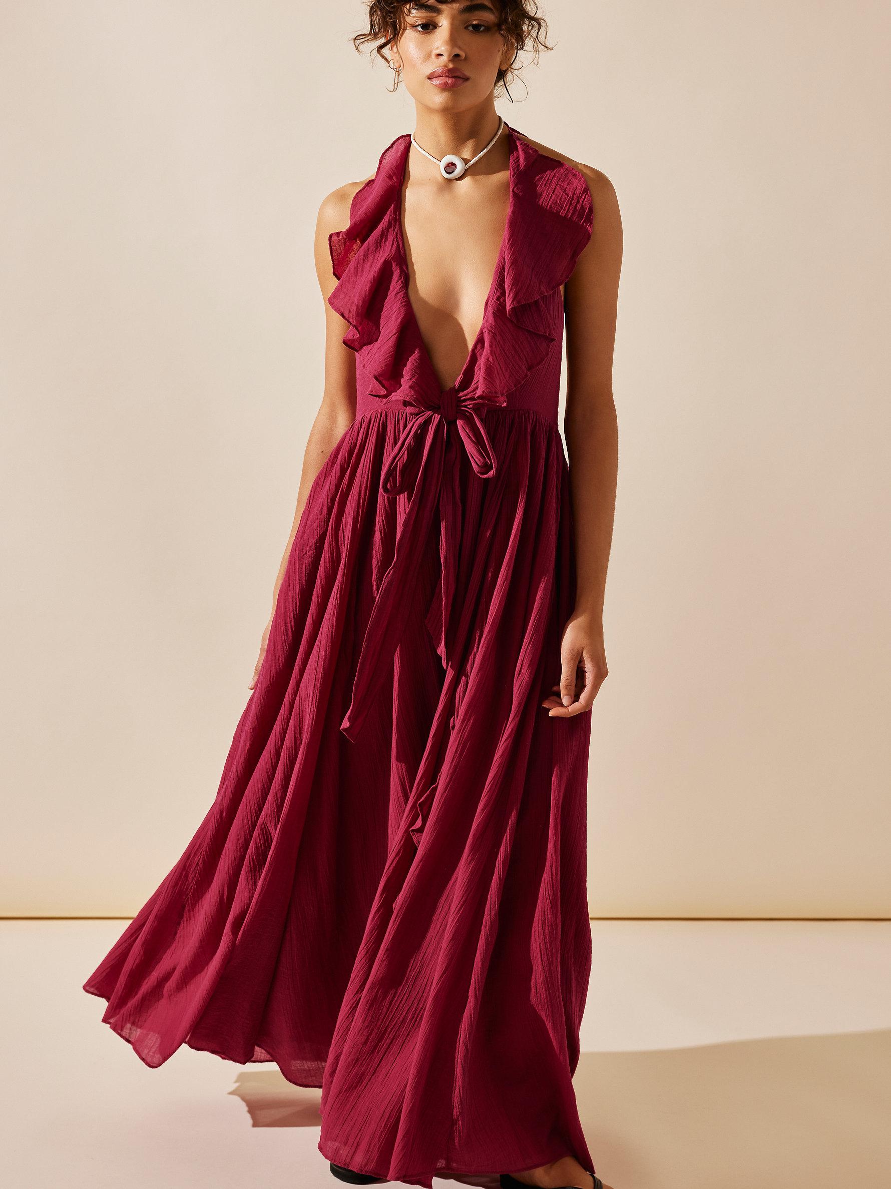 chinese dress ladies Free People Burgundy Knit Maxi Dress with Open Back and Bell Sleeves (   The Thrifty Hippy