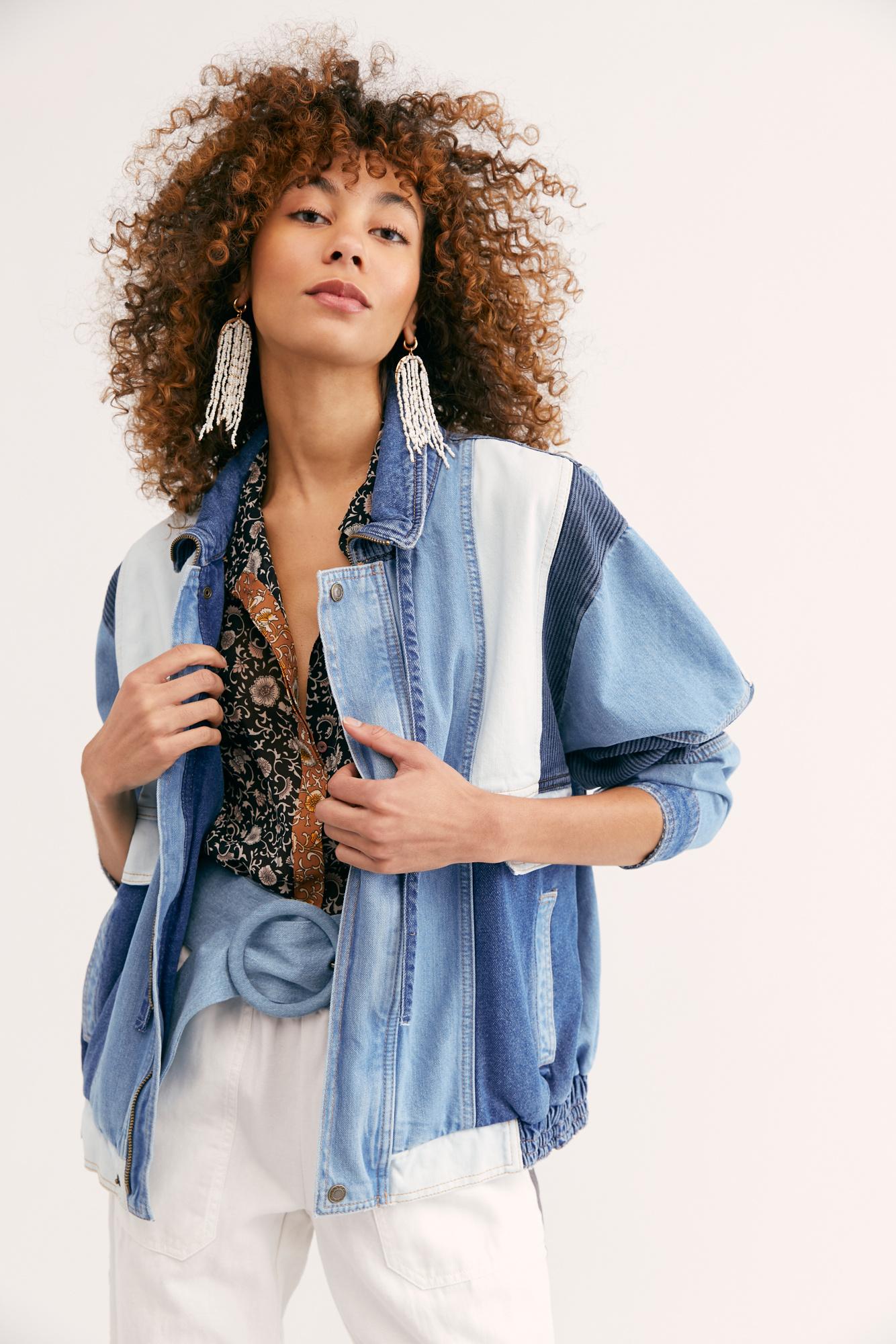 Free People Panel Denim Bomber Jacket 