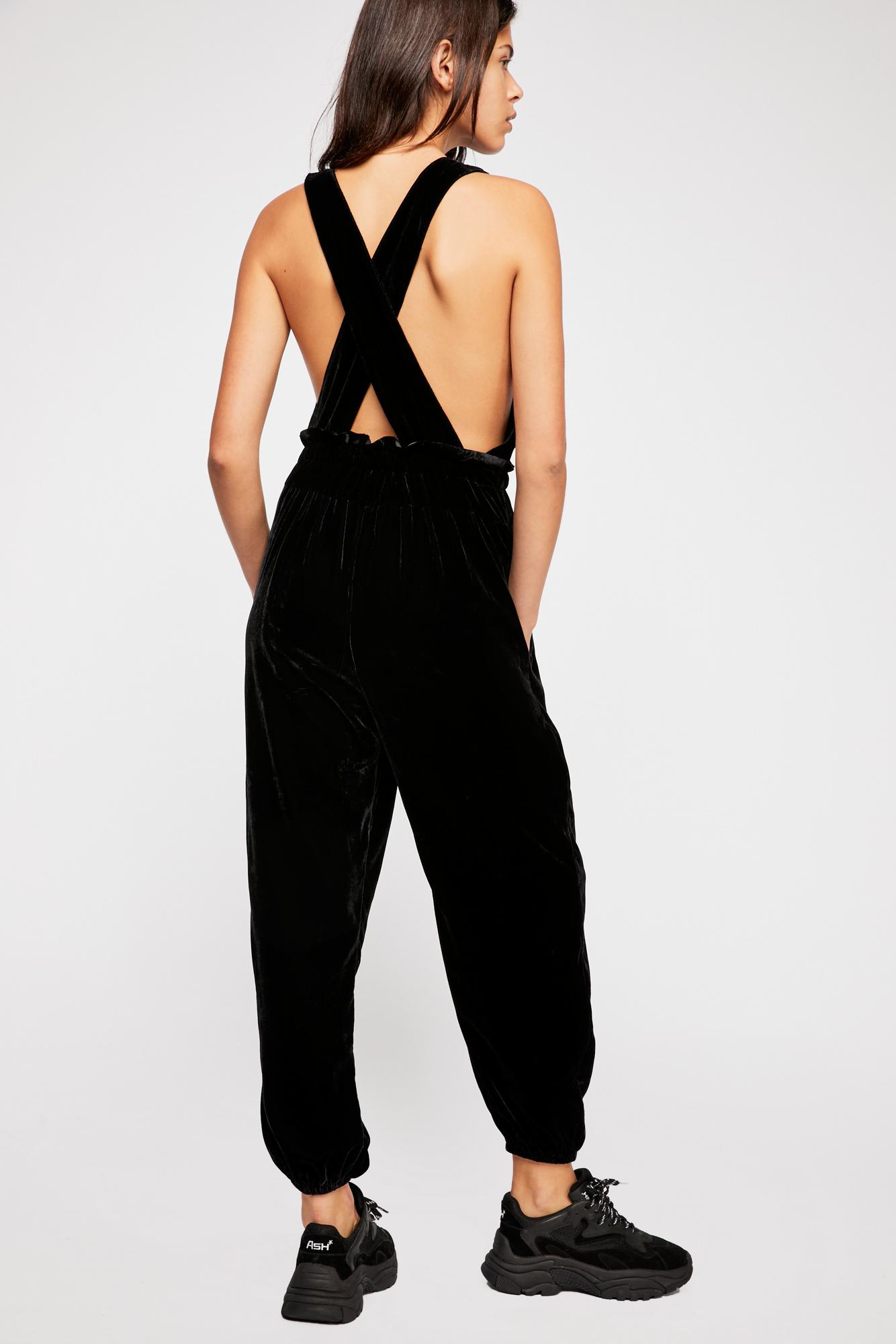 Free people black store velvet jumpsuit