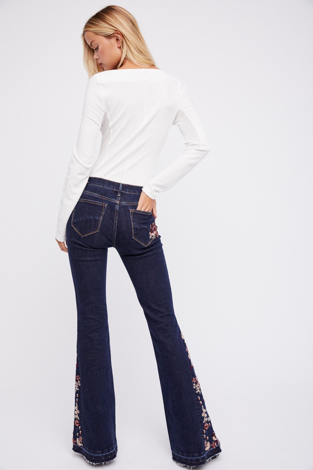 Free People Womens High Rise Embroidered Lace Flare Jeans