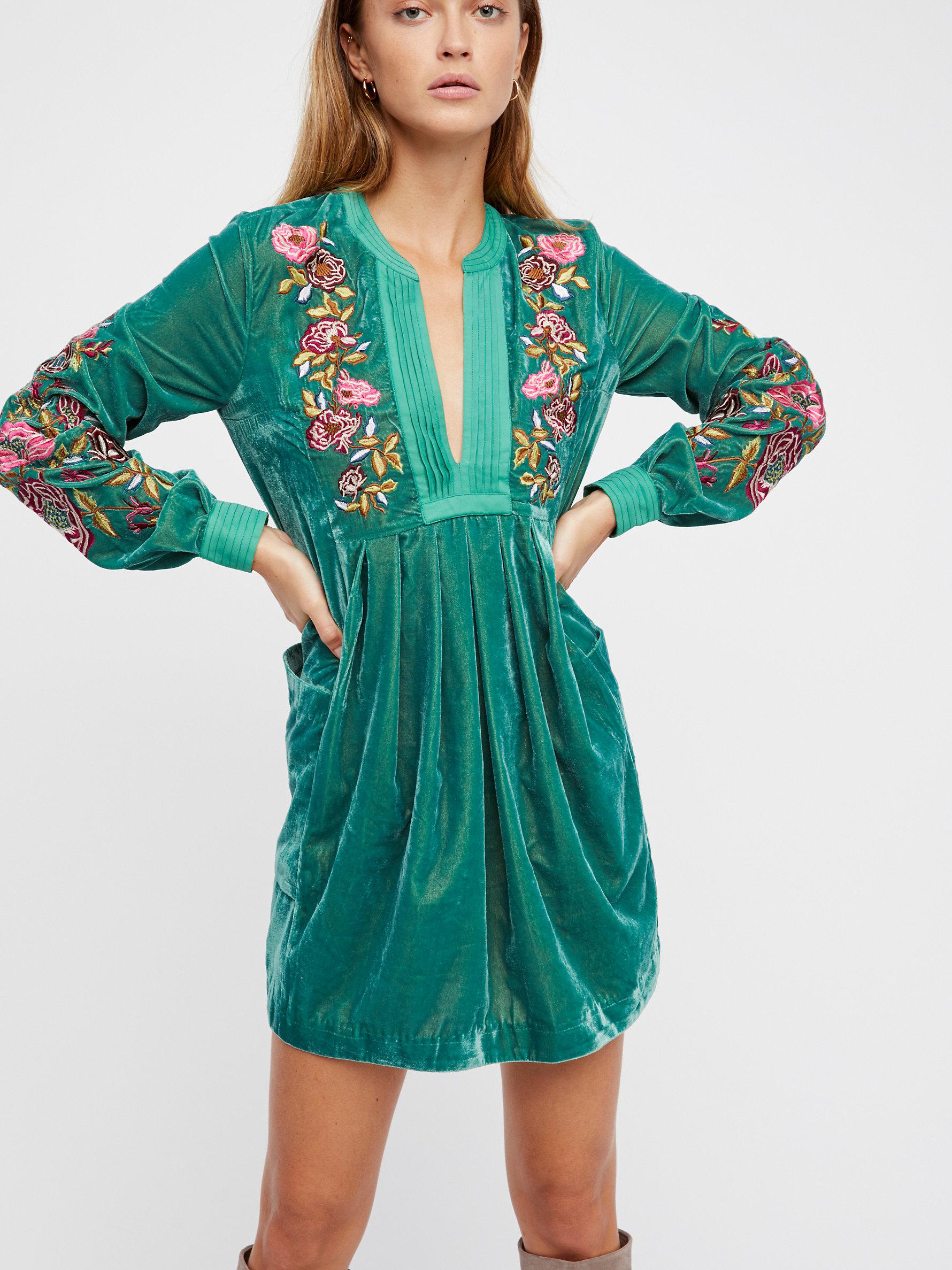 Free People Velvet Mia Embroidered Dress in Sage (Blue) | Lyst