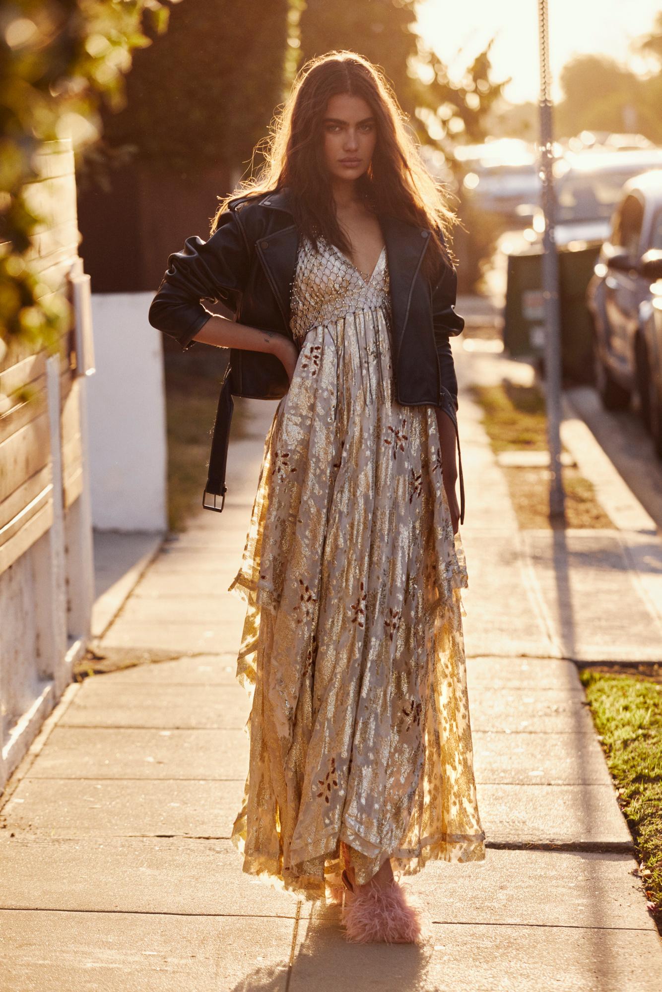 Free People Meredith Gold Foil Maxi Dress in Metallic | Lyst