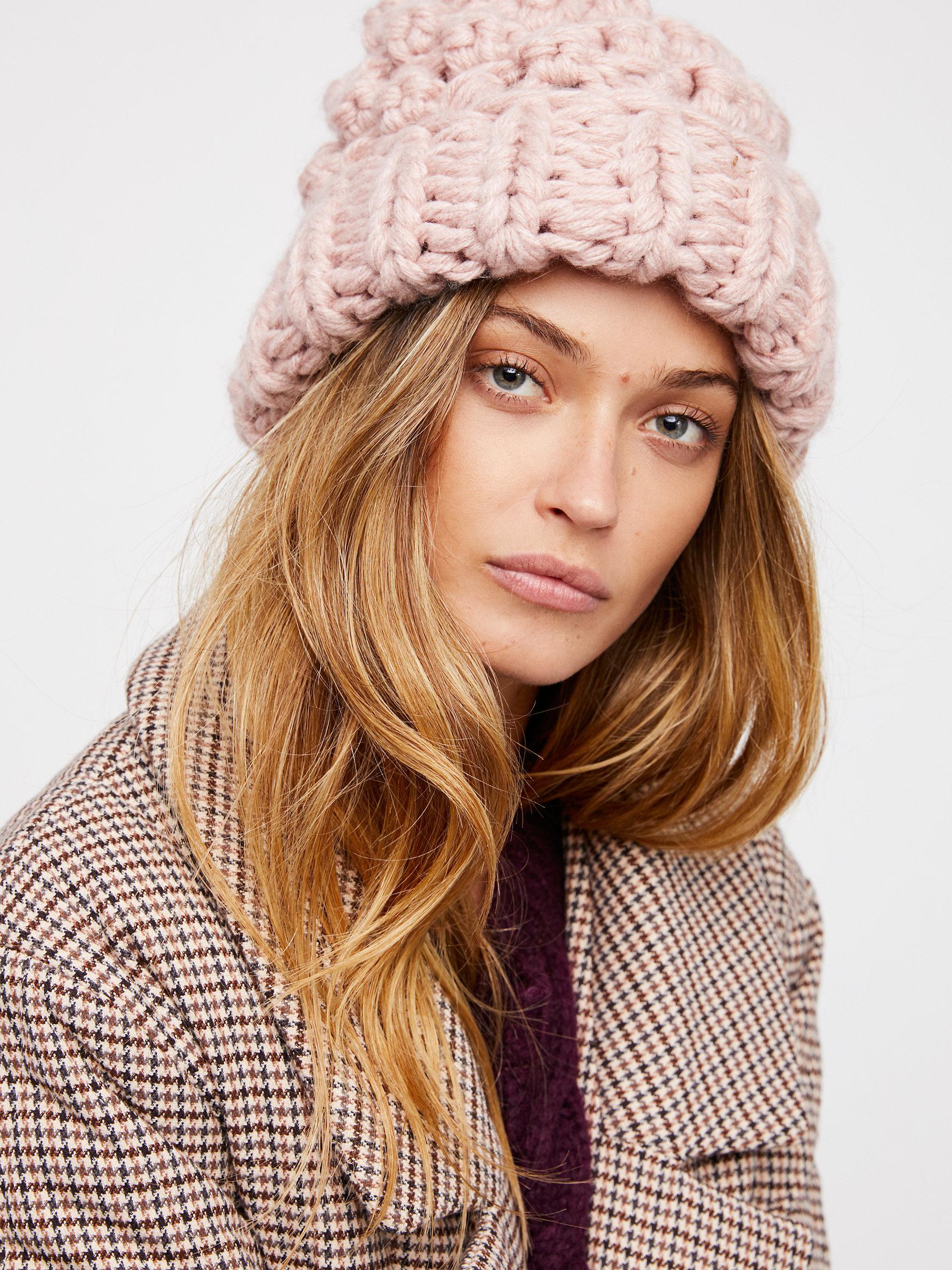 Free People Chunky Bobble Knit Beanie in Brown | Lyst
