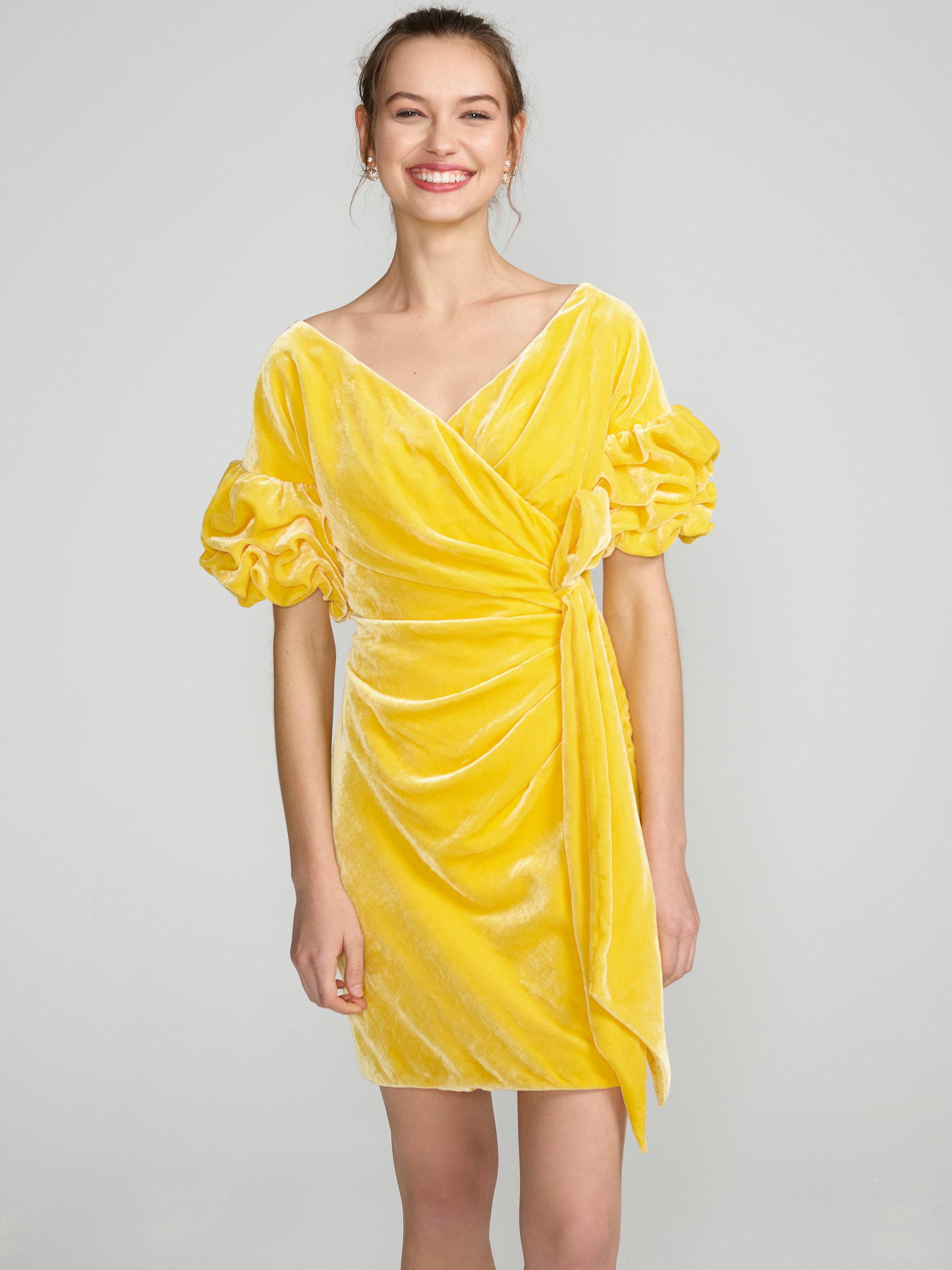 yellow velvet wrap dress
