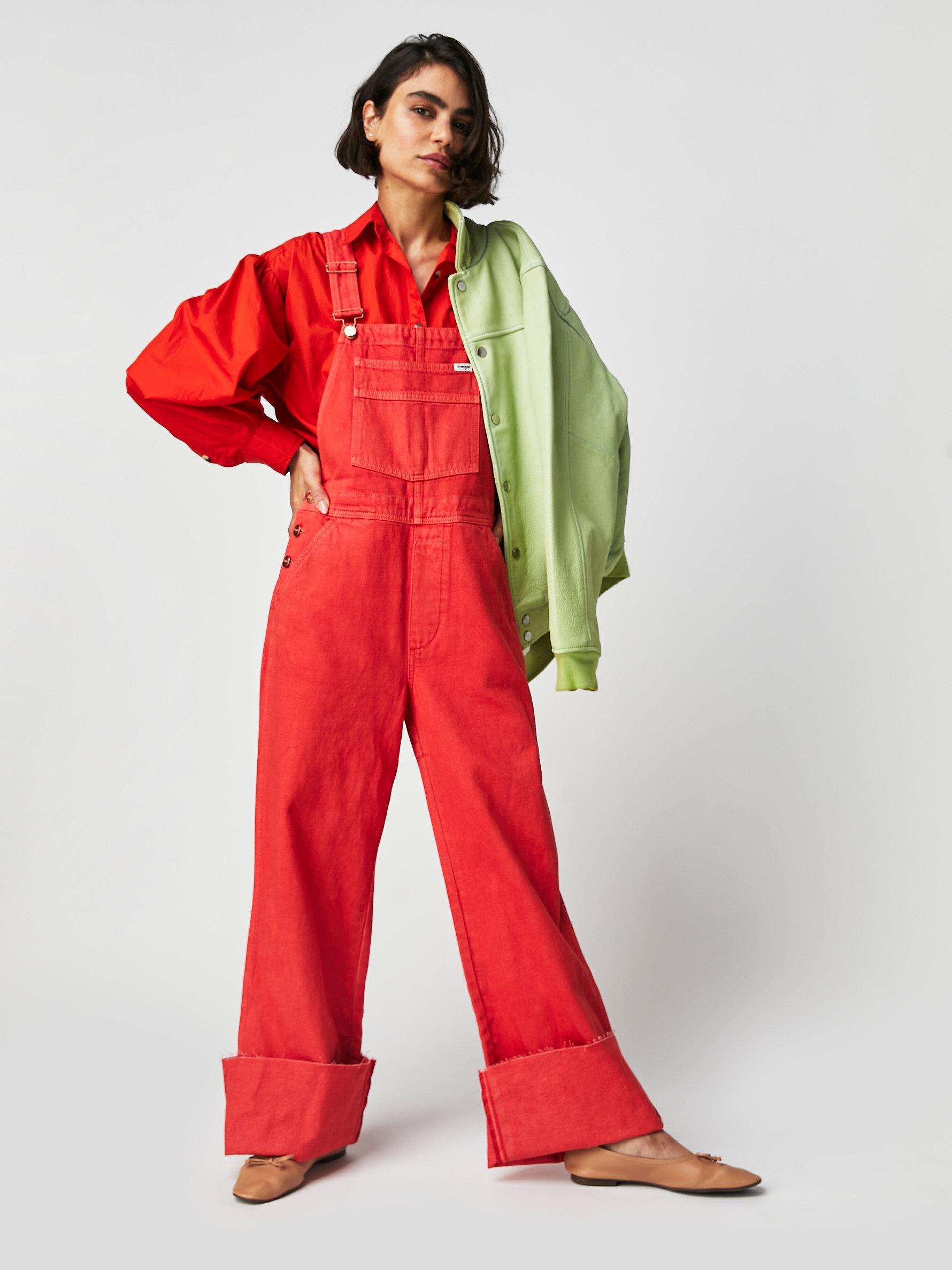 Free People Wrangler Casey Jones Flare Overalls in Red | Lyst