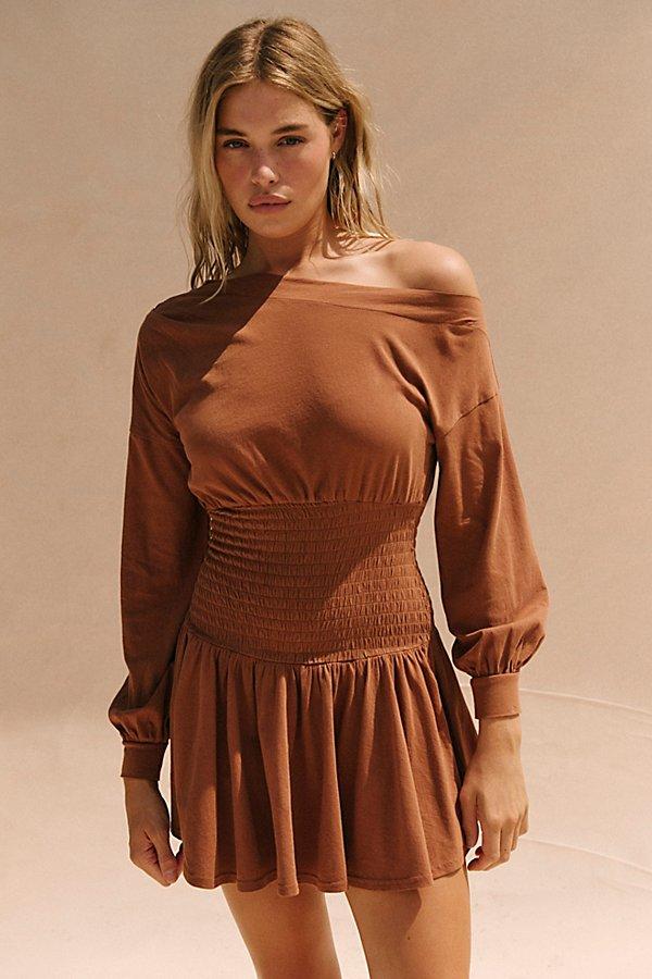 brown dress with ruffles at the bottom Burgundy Polka Dot Boat Neck Tate Jersey Mini Dress