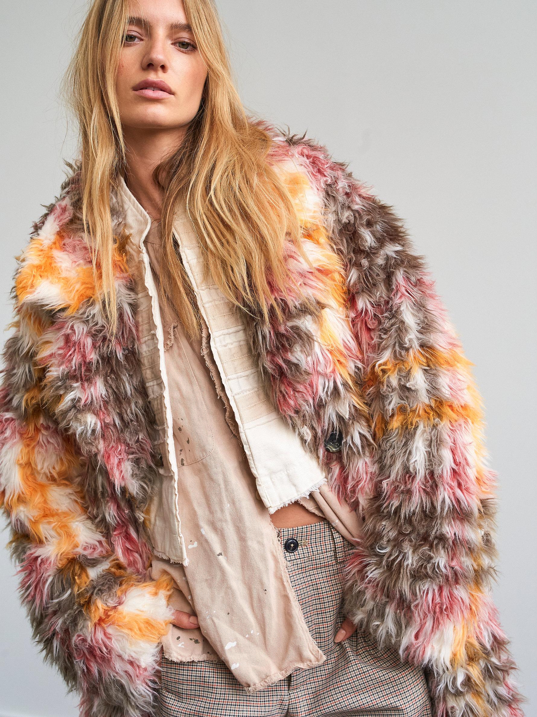 Free People Cardi Plaid Faux Fur Coat in Gray | Lyst