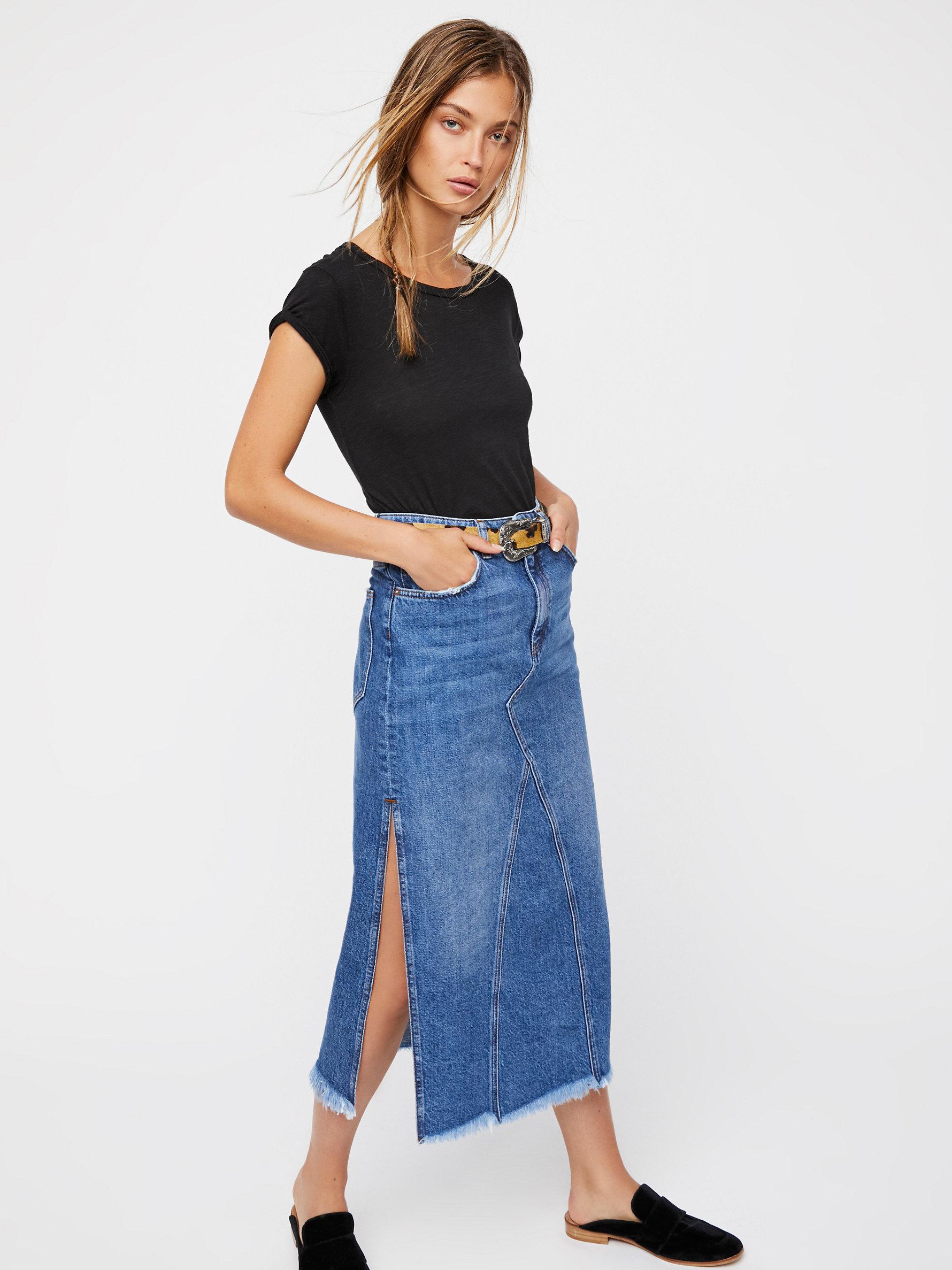 free people denim midi skirt