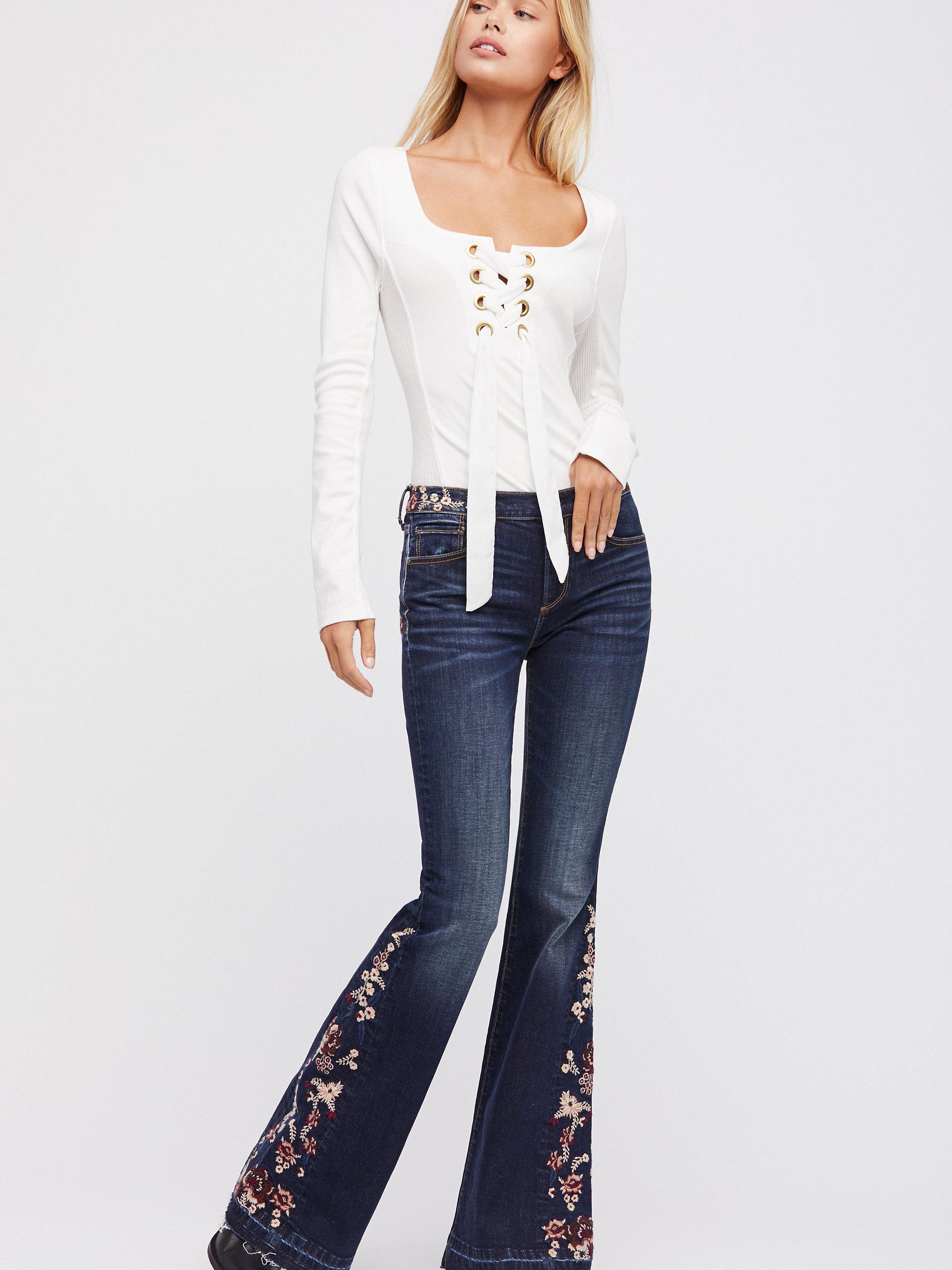 Free People Denim Driftwood Farrah Embroidered Flare Jeans In Blue Lyst 