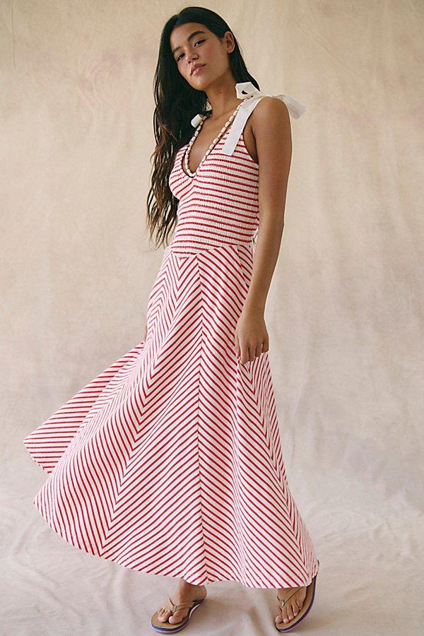 strapless open back dress Miss Circle Women Zania Pink Stripe Ruched Breast Cotton Jacquard Midi Dress