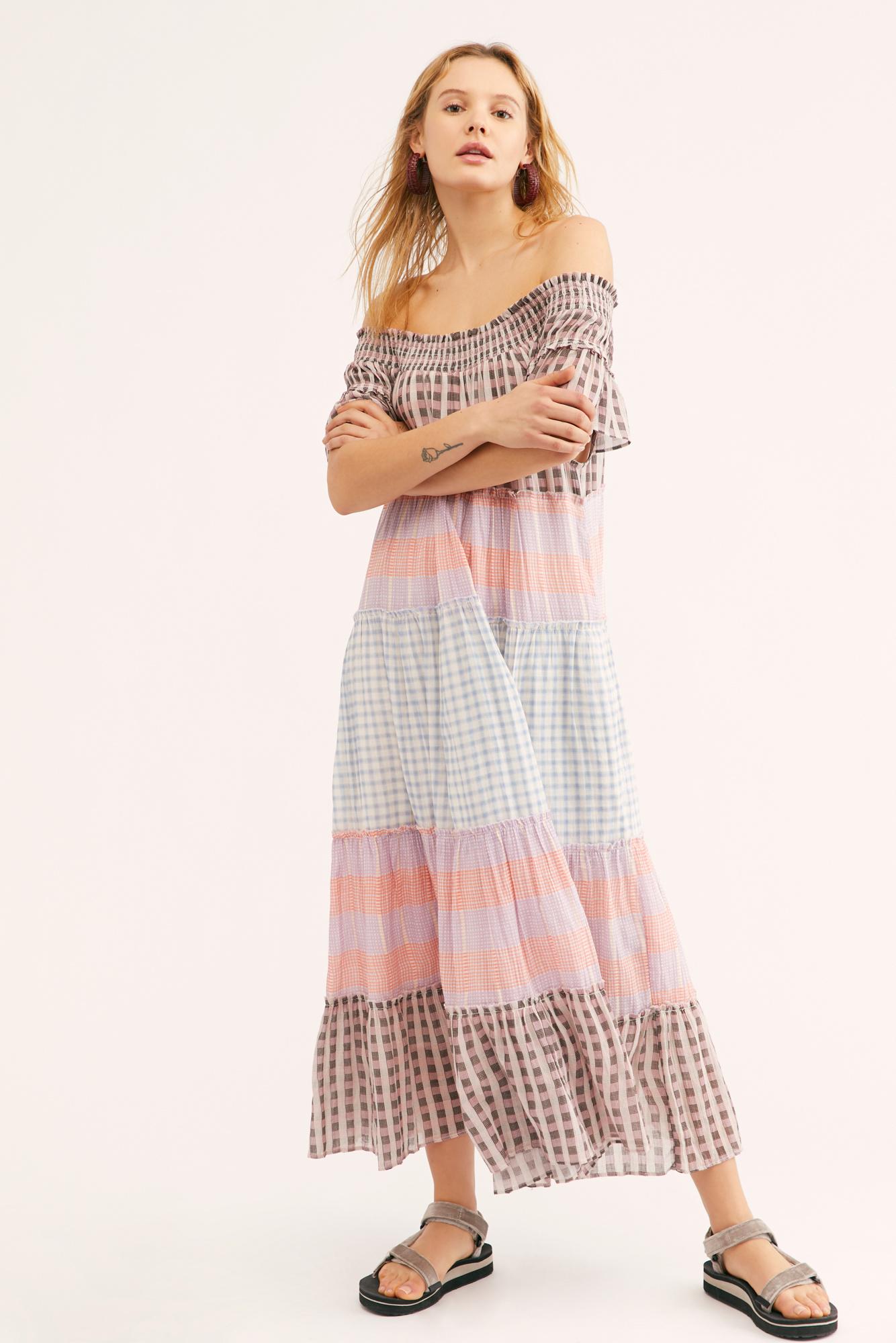 Plaid Off-the-shoulder Maxi Dress 