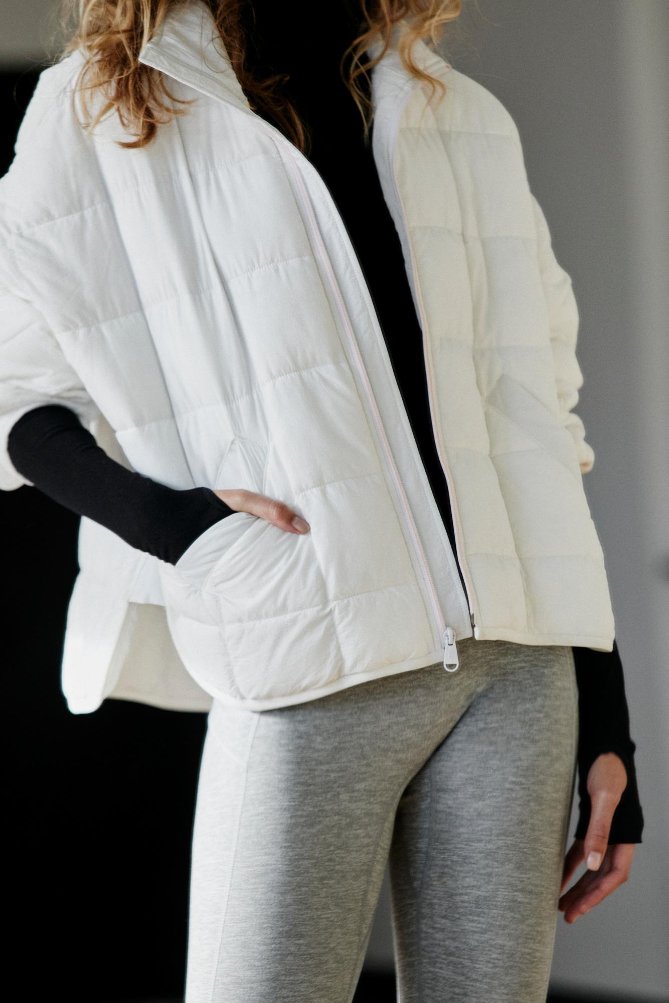 grey hooded down jacket