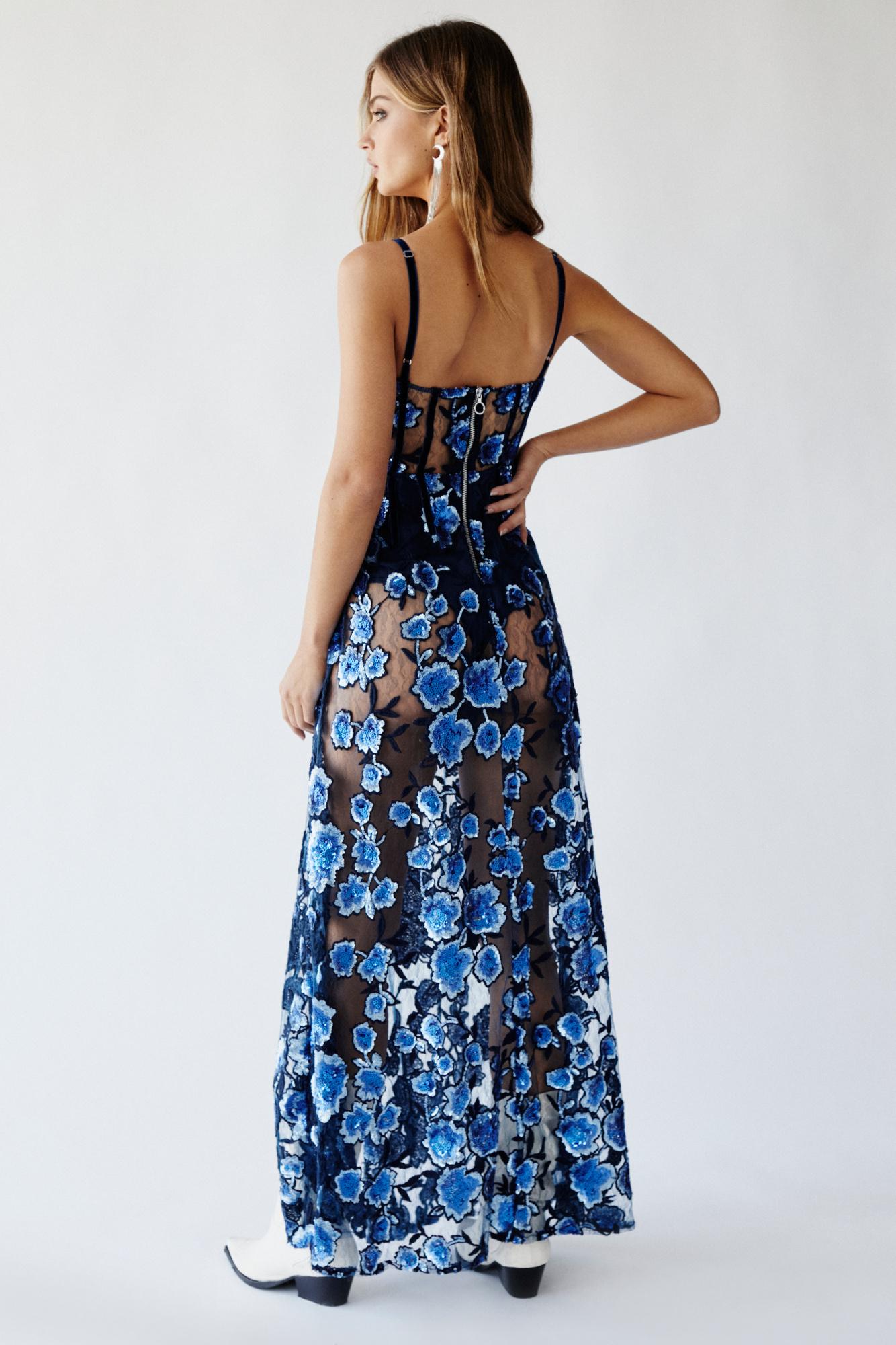 Free People Victoria Embroidered Sequin Maxi Party Dress By For Love &  Lemons in Blue | Lyst