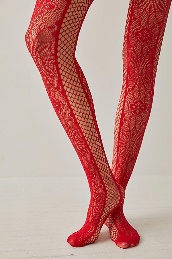 Free People Dahlia Lace Tights in Red