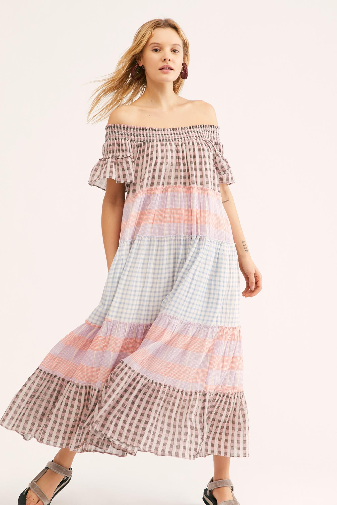 Plaid Off-the-shoulder Maxi Dress 