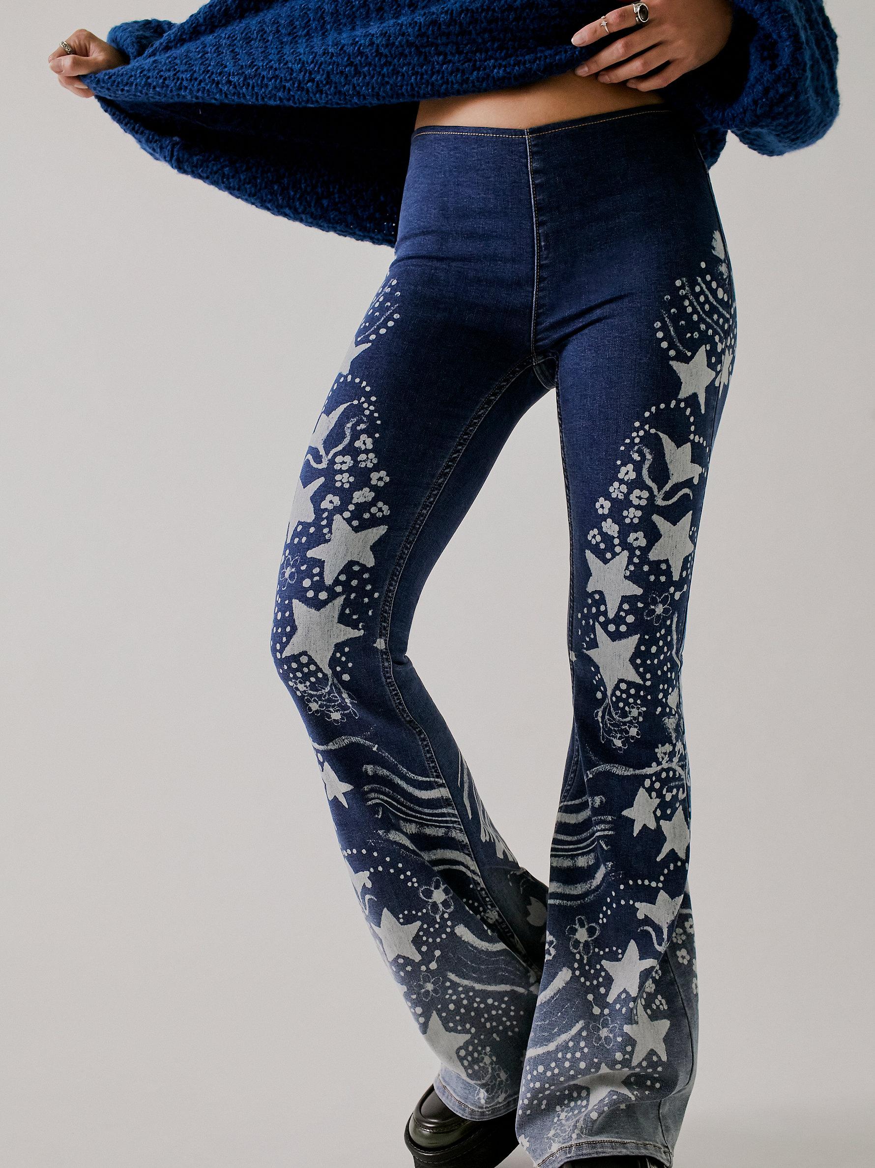 Free People Fp X Anna Sui Penny Pull-on Printed Flare Jeans in Blue | Lyst