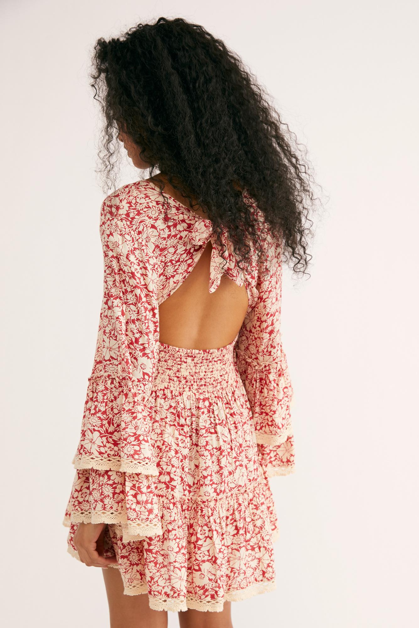 kristall berry red floral print bell sleeve mini dress free people