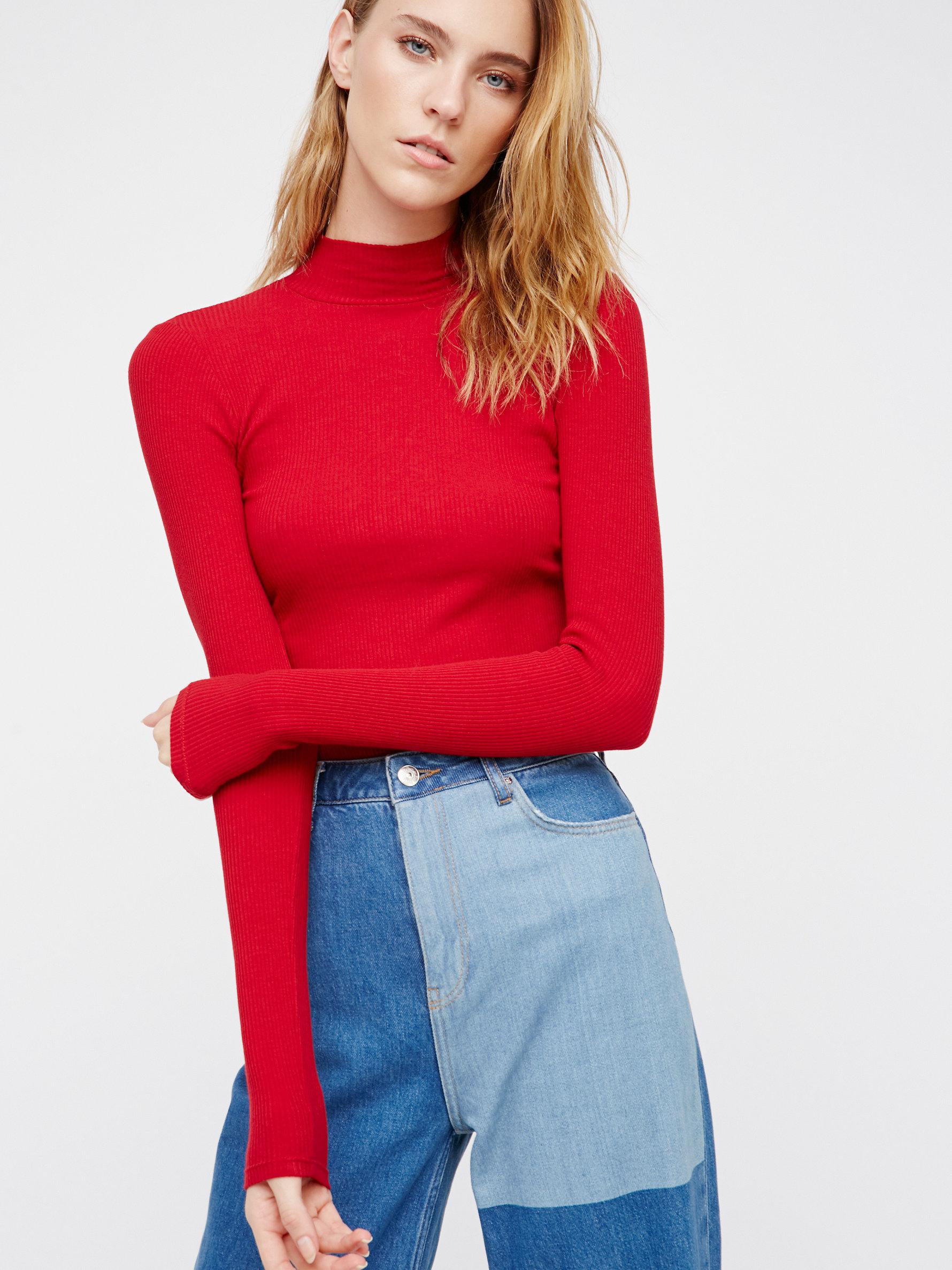 Free People Cotton Fp X Lace-up Mock Neck Top in Cherry (Red) - Lyst