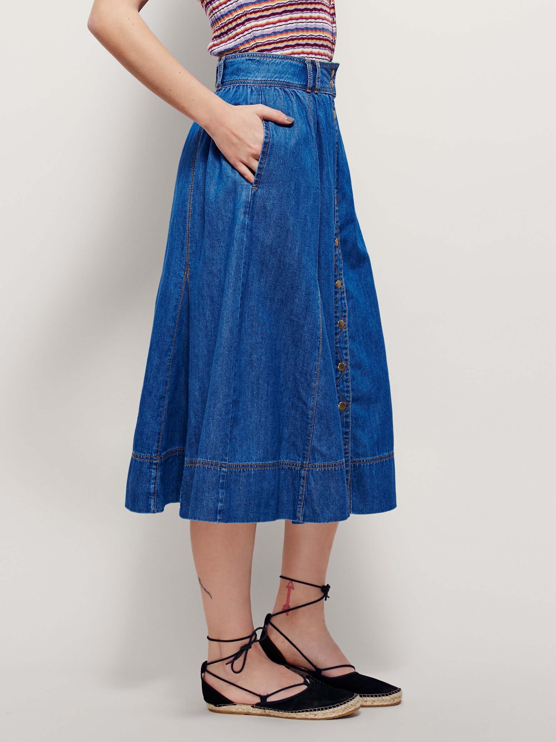 Free People Womens Margo Denim Midi Skirt in Blue - Lyst