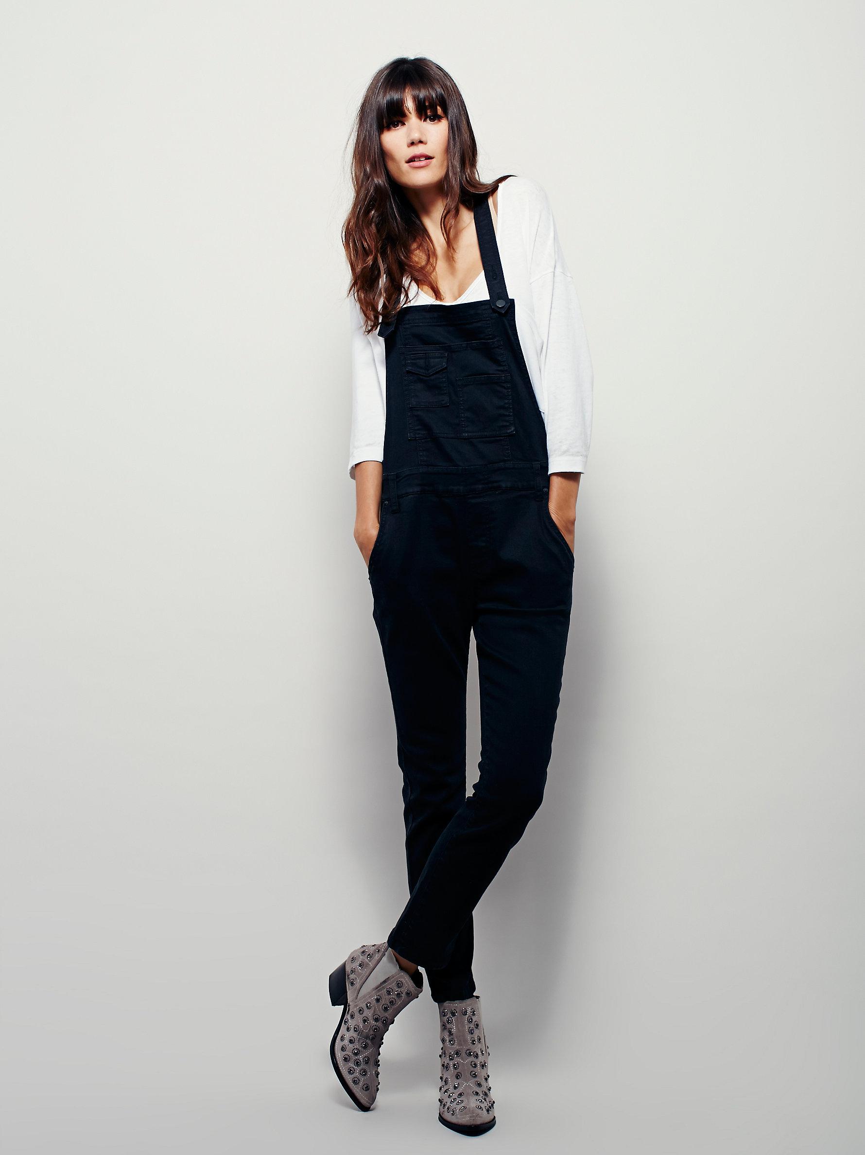 Free People Washed Denim Dungarees in Black - Lyst
