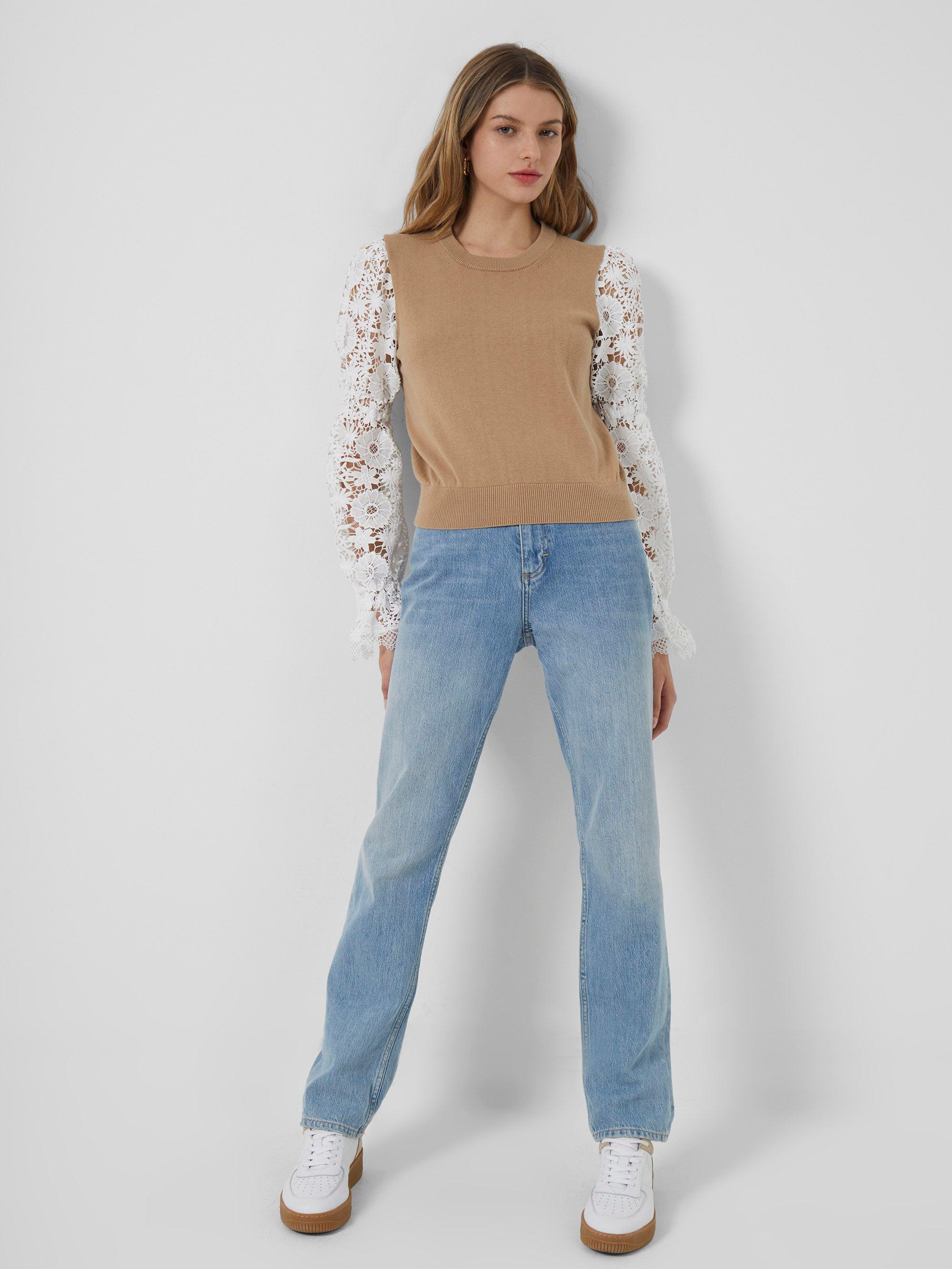 French Connection Luisa Lace Mix Long Sleeve Top in Blue | Lyst UK