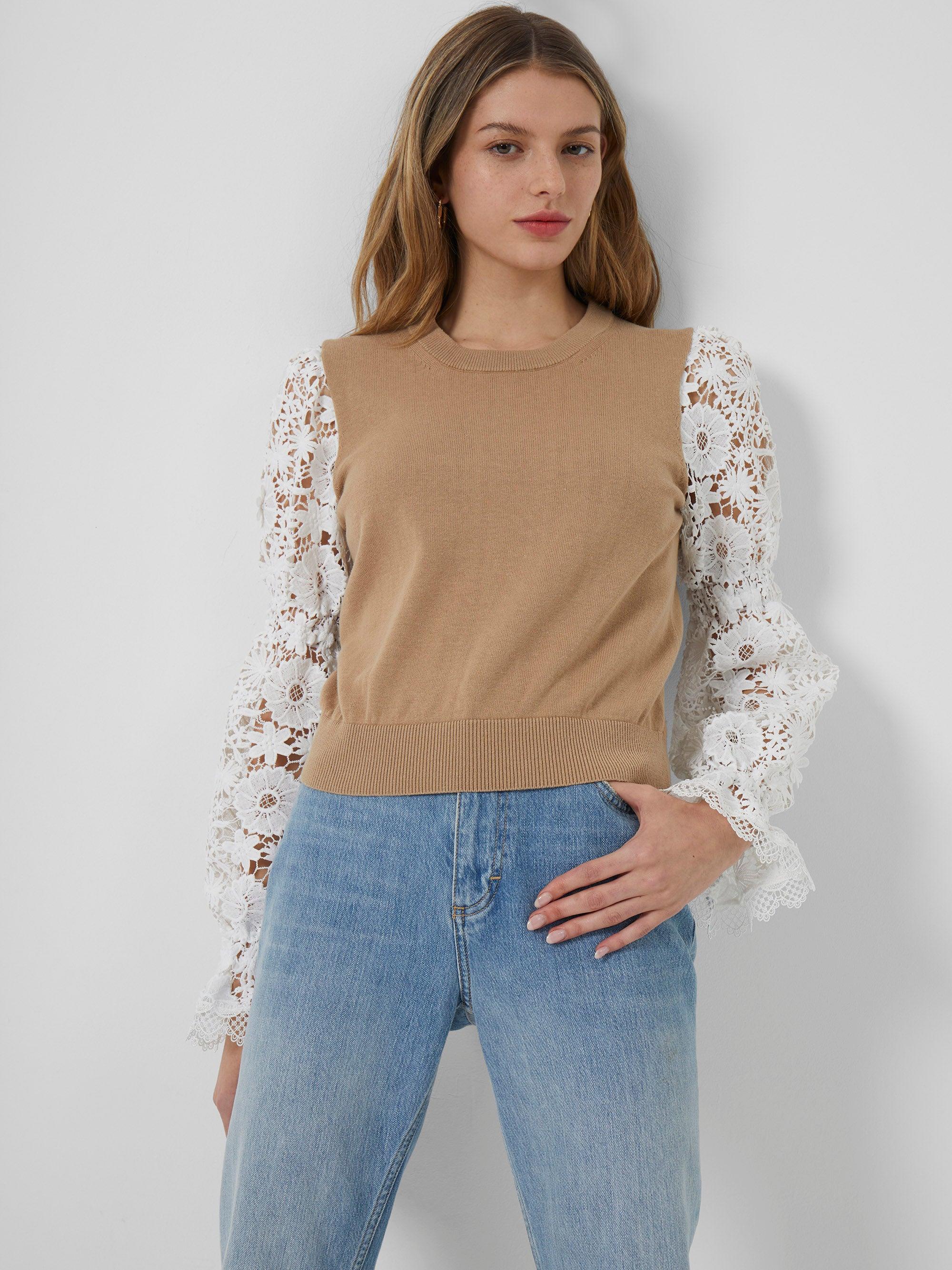 French Connection Luisa Lace Mix Long Sleeve Top in Blue | Lyst UK