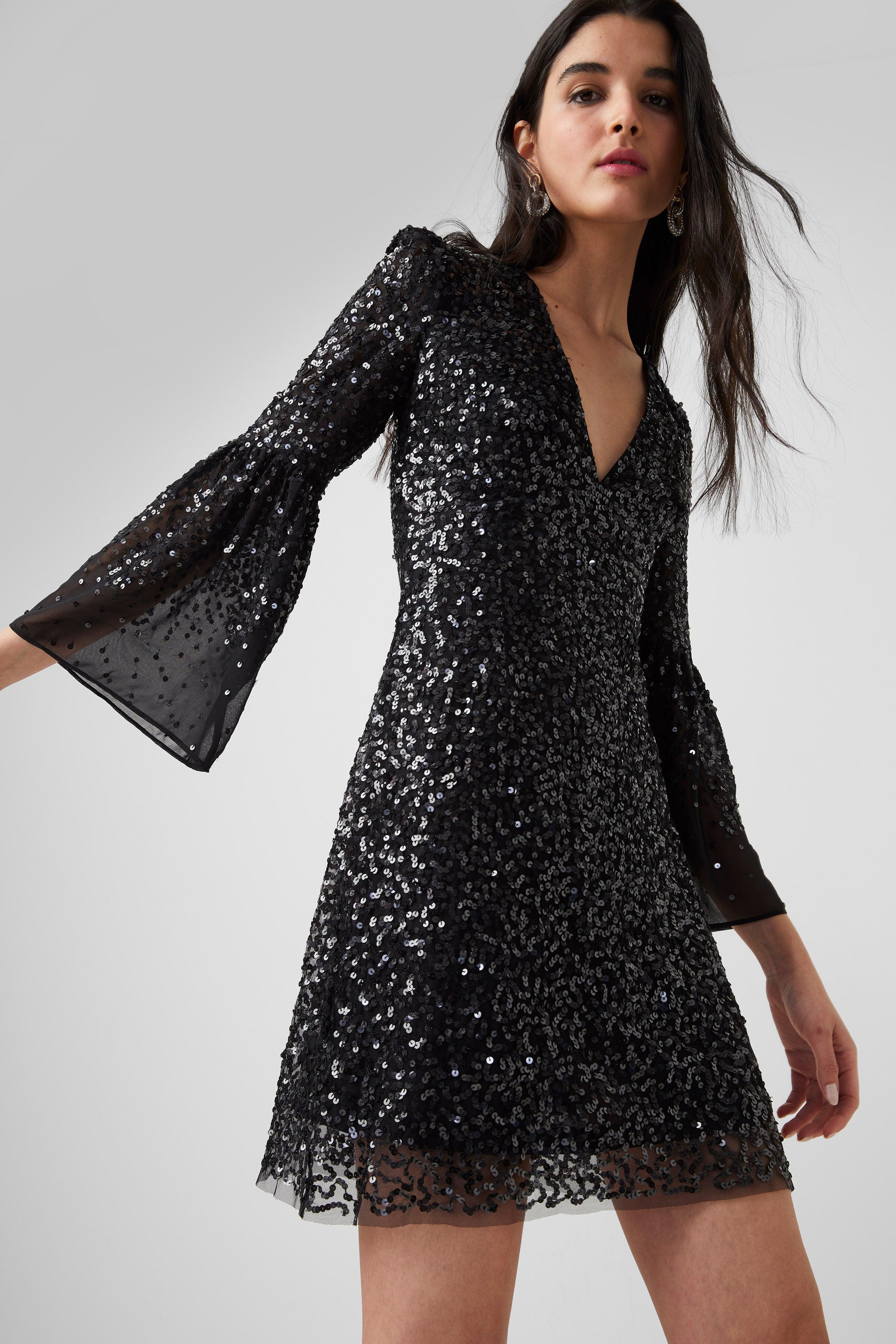 French Connection Cellienne Sequin Long Sleeve Dress in Black | Lyst
