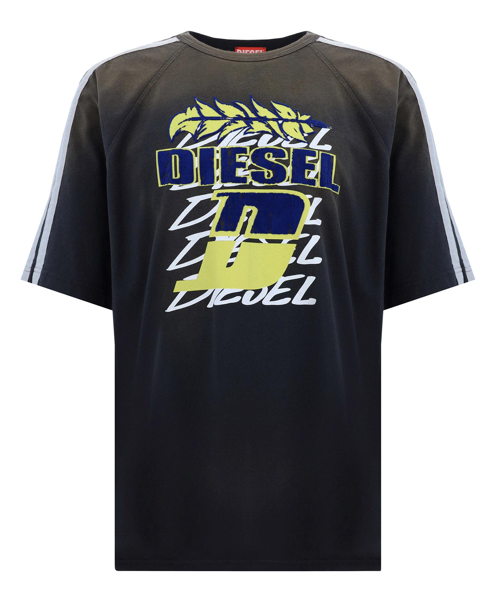 【DIESEL】T-Roxt-Stripe Men's Faded T-shirt with flocked logo print | Black | Diesel