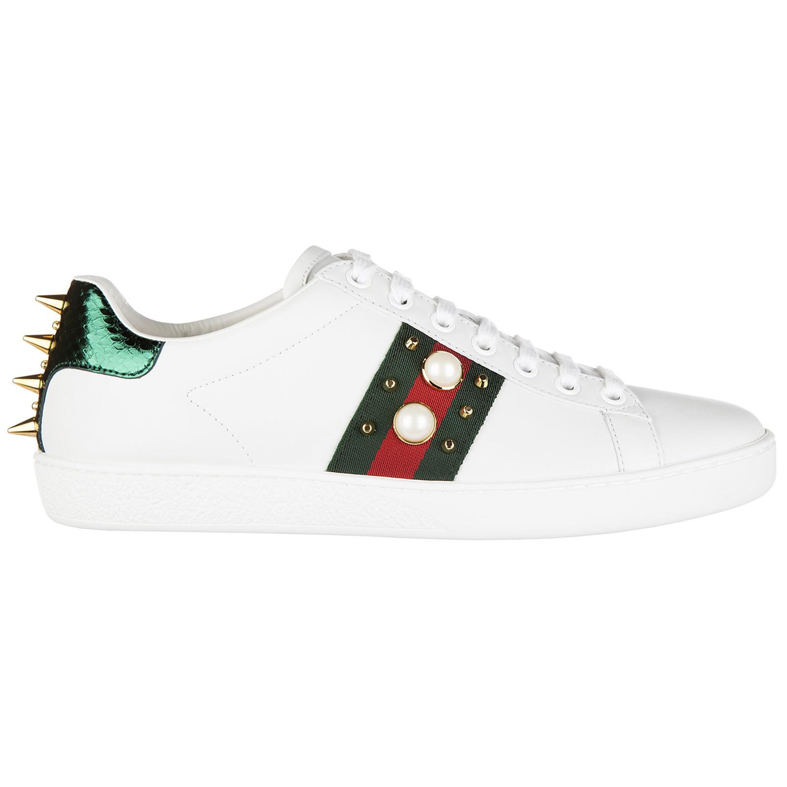 værtinde bent Klan Gucci Ace Pearl And Stud-Detail Leather Trainers in White | Lyst