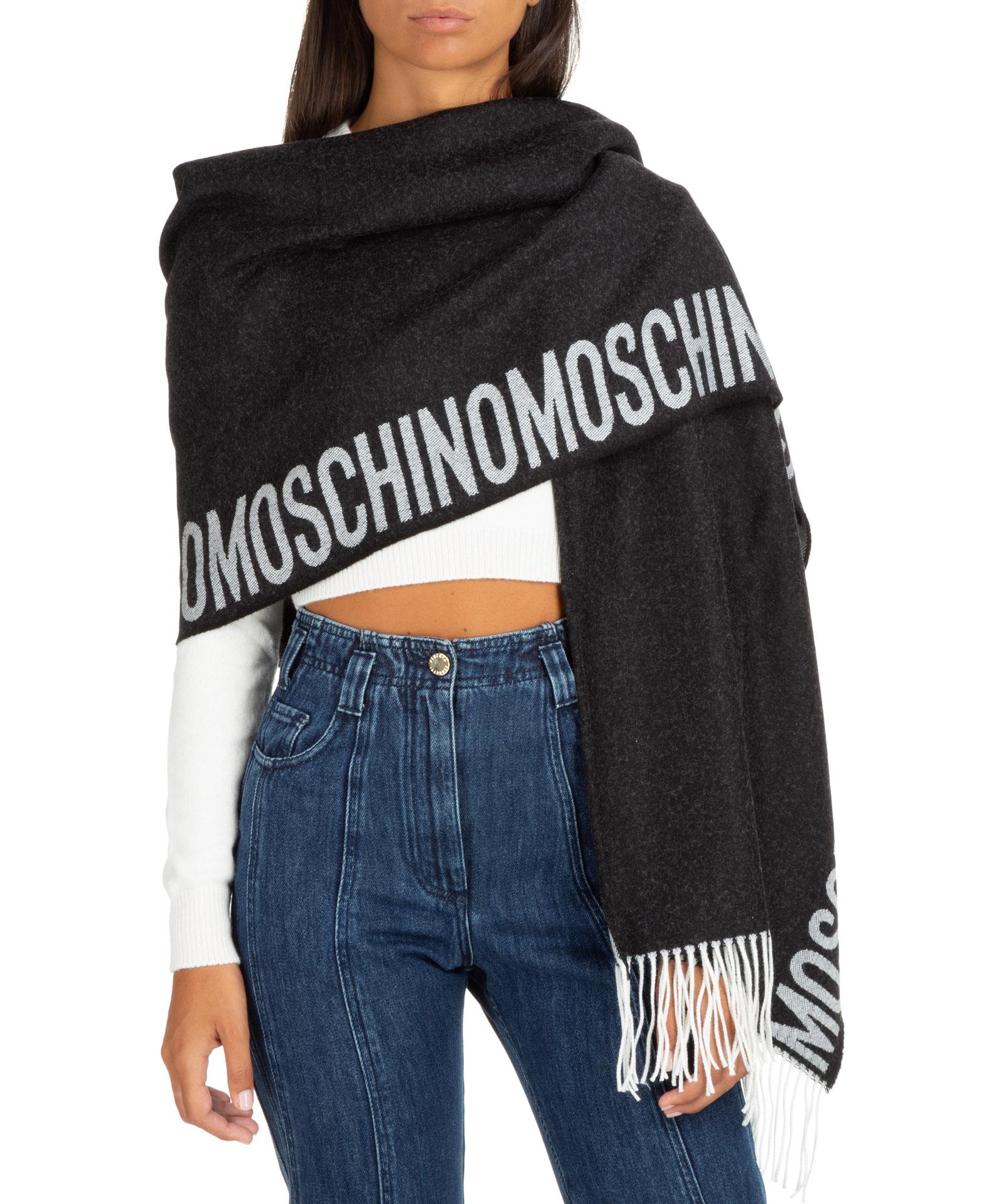 Moschino Wool Logo Embellished Fringed Edge Scarf in Black Womens Accessories Scarves and mufflers 