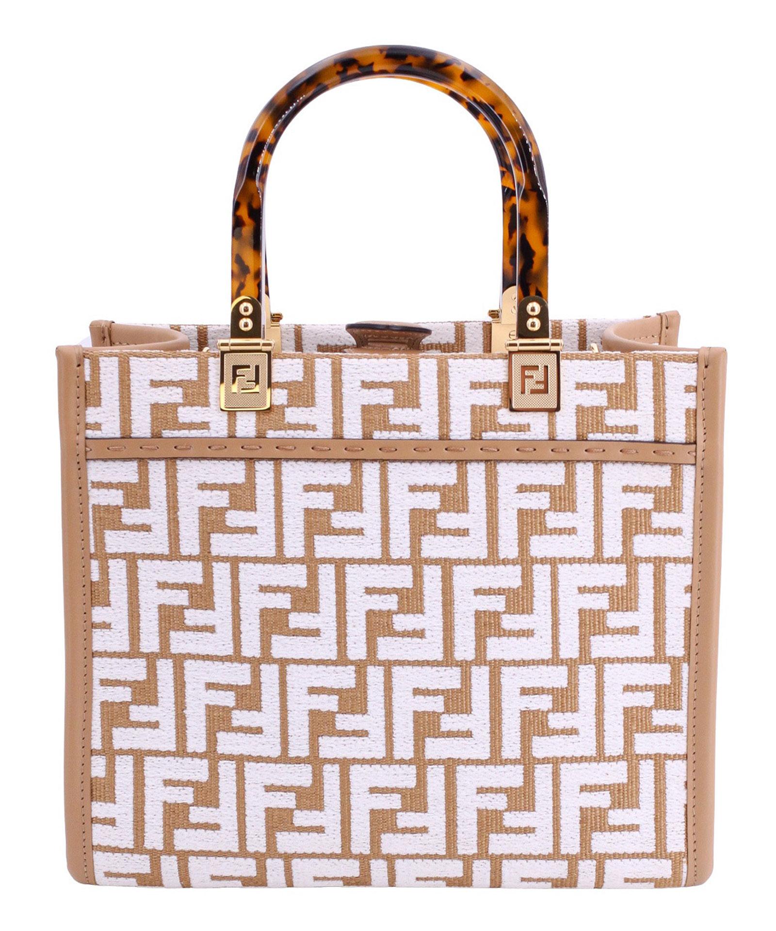 FENDI: Sunshine bag in raffia with FF monogram embroidered in chenille -  Beige