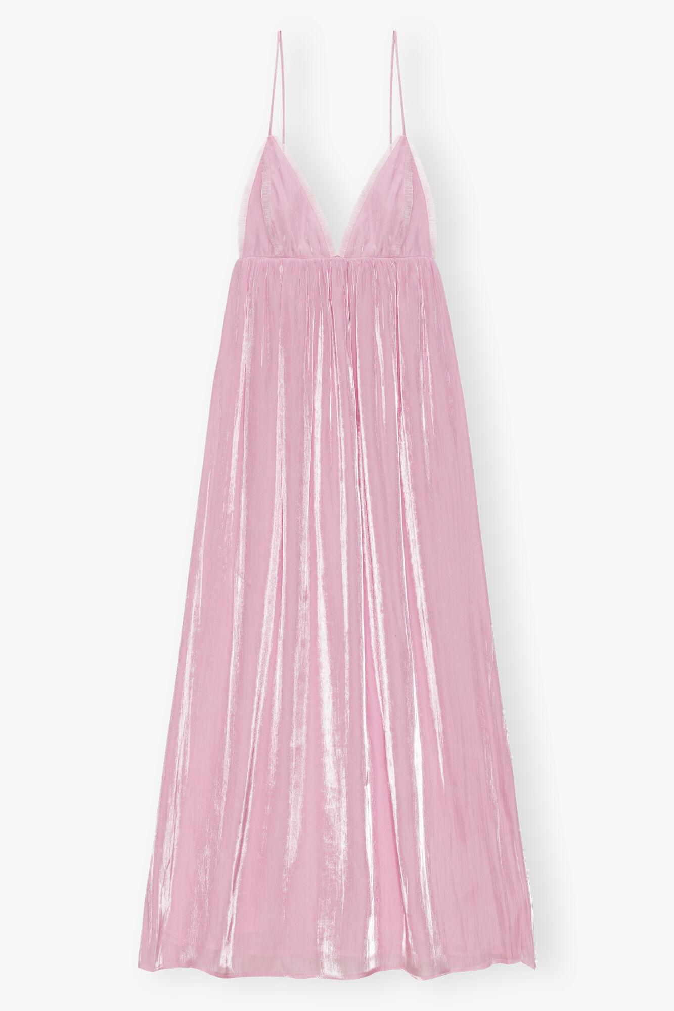 open lace back dress Ganni PINK SHINY TECH STRAP MIDI DRESS
