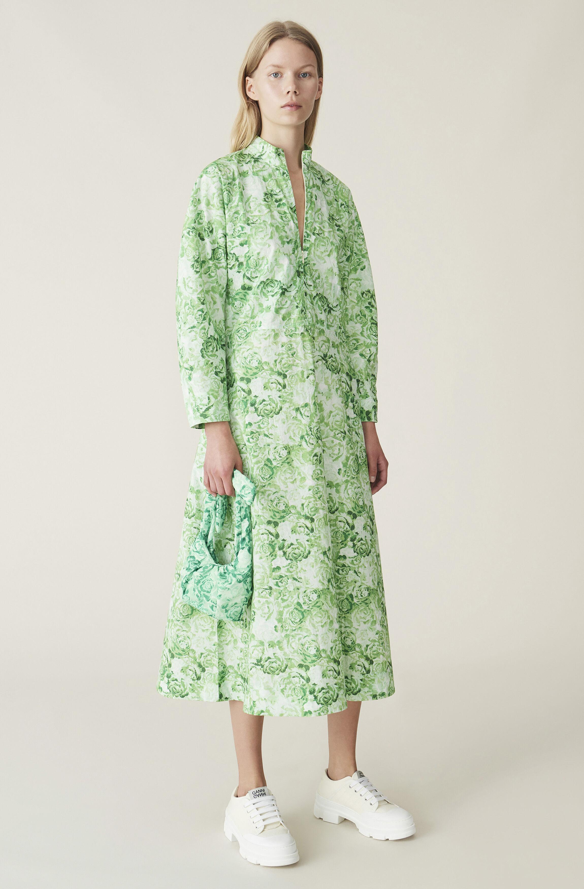 ganni island green dress Juni Printed Poplin Dress in Green/White main image 1