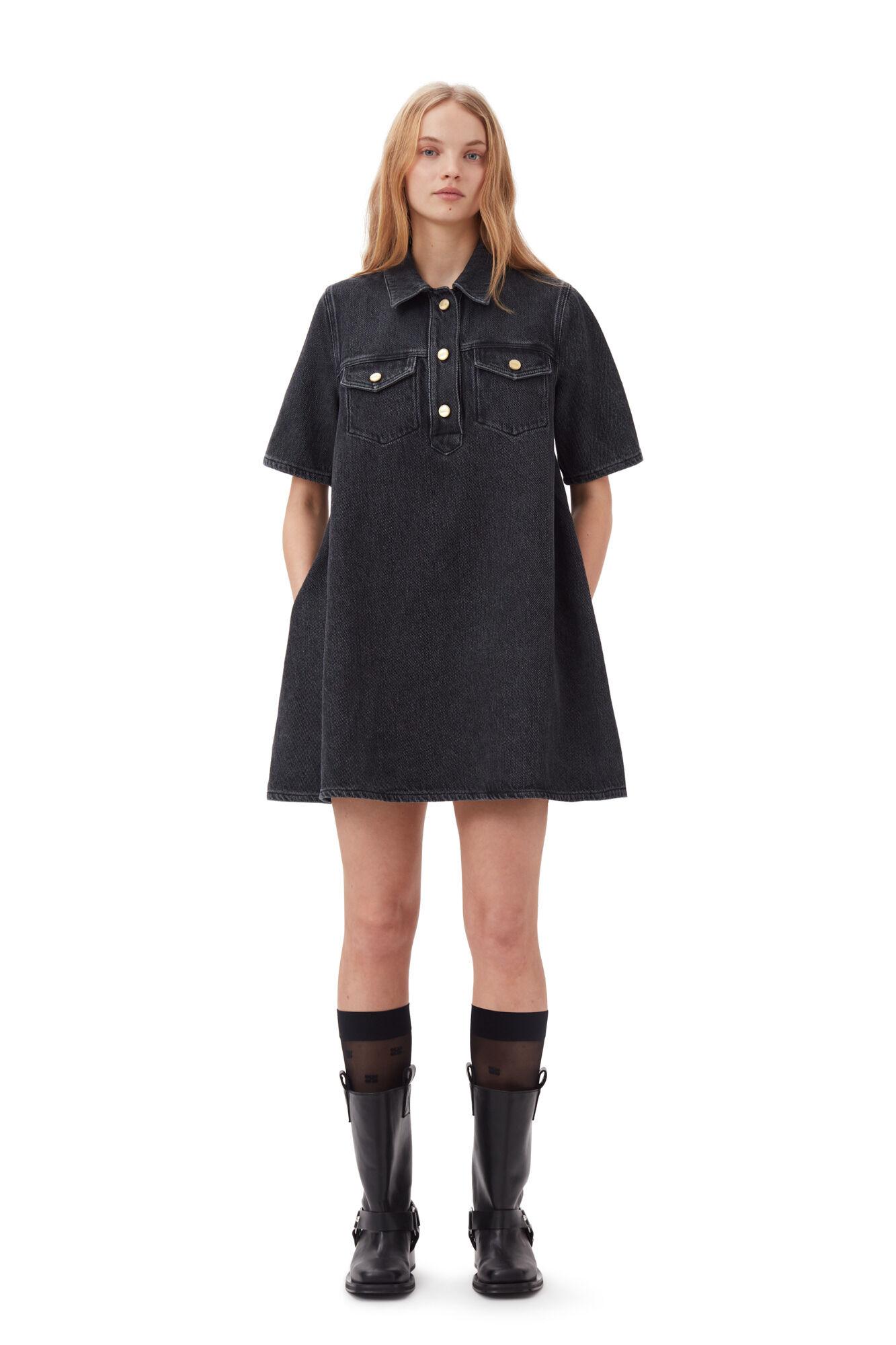 Ganni Heavy Denim Mini Dress in Black | Lyst UK