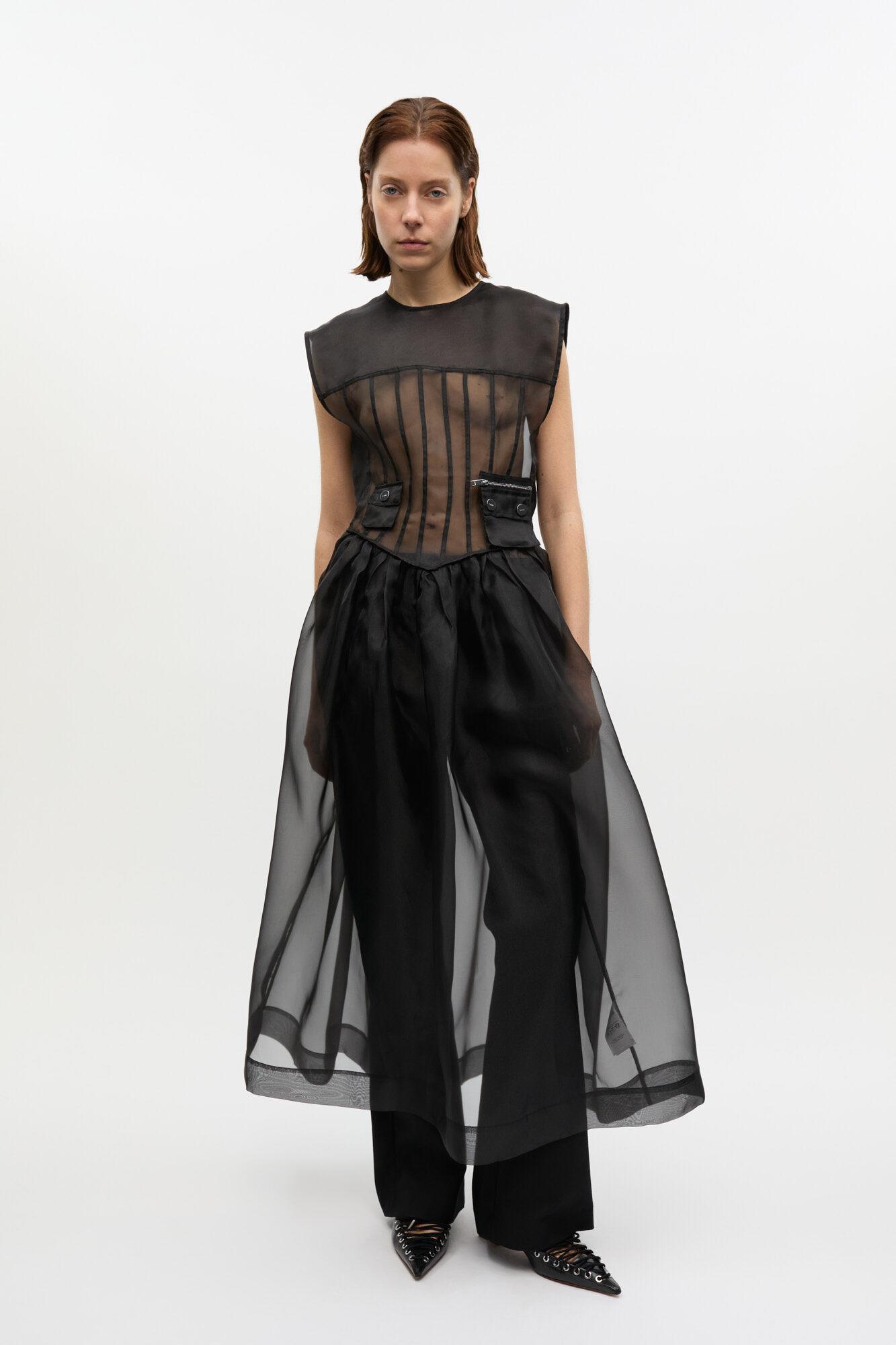 ganni organza dress Women's Shibori Belted Midi-Dress - Black Sand crafted of organza Pre-loved] Ganni Animal Print Organza