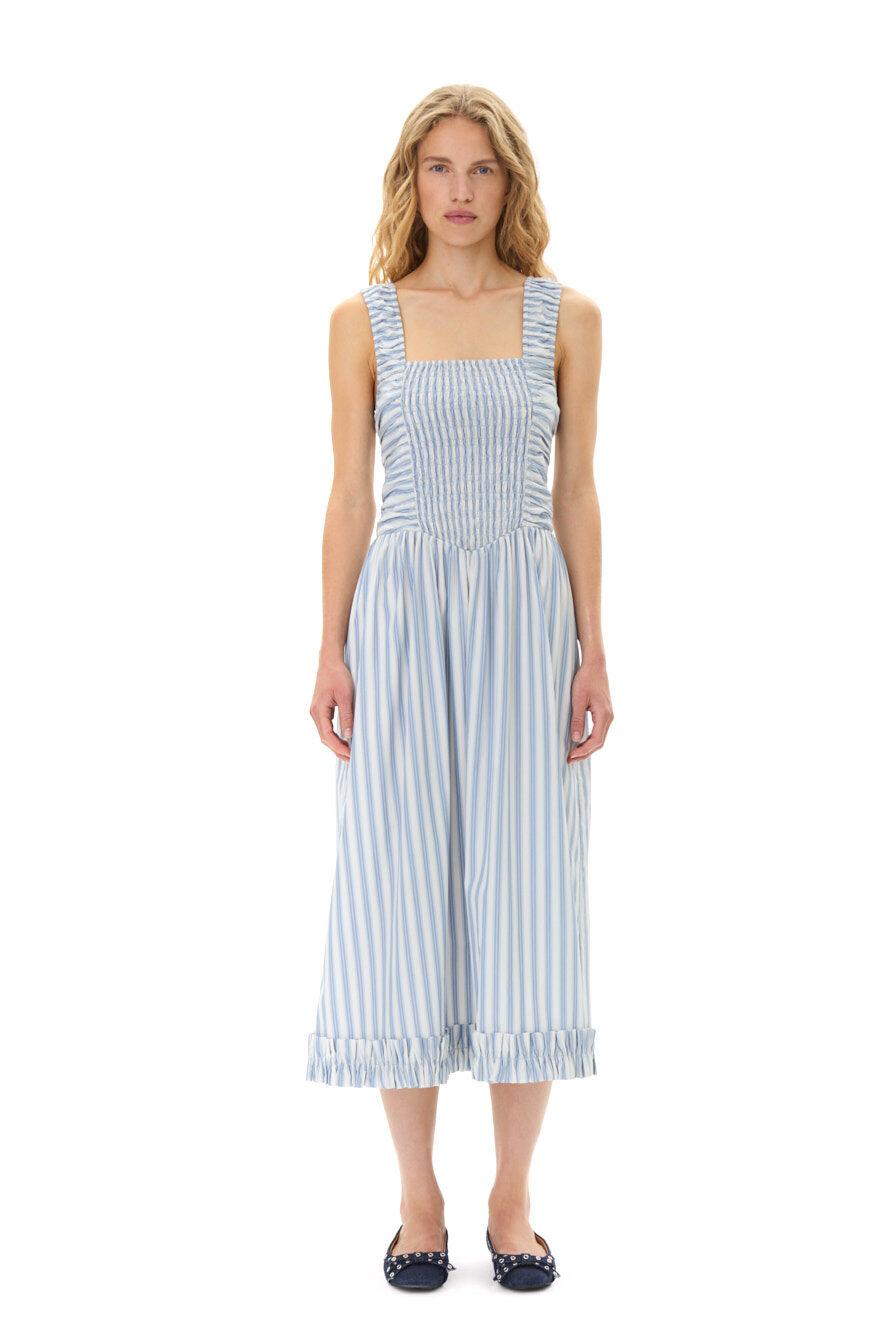 Ganni Blue Stripe Cotton Midi Strap Smock Dress | Lyst UK