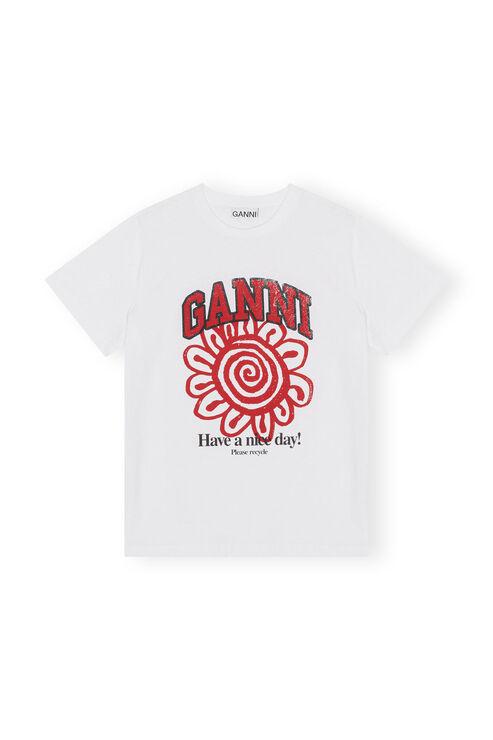 Ganni Short Sleeve Relaxed Flower T-Shirt in White | Lyst UK