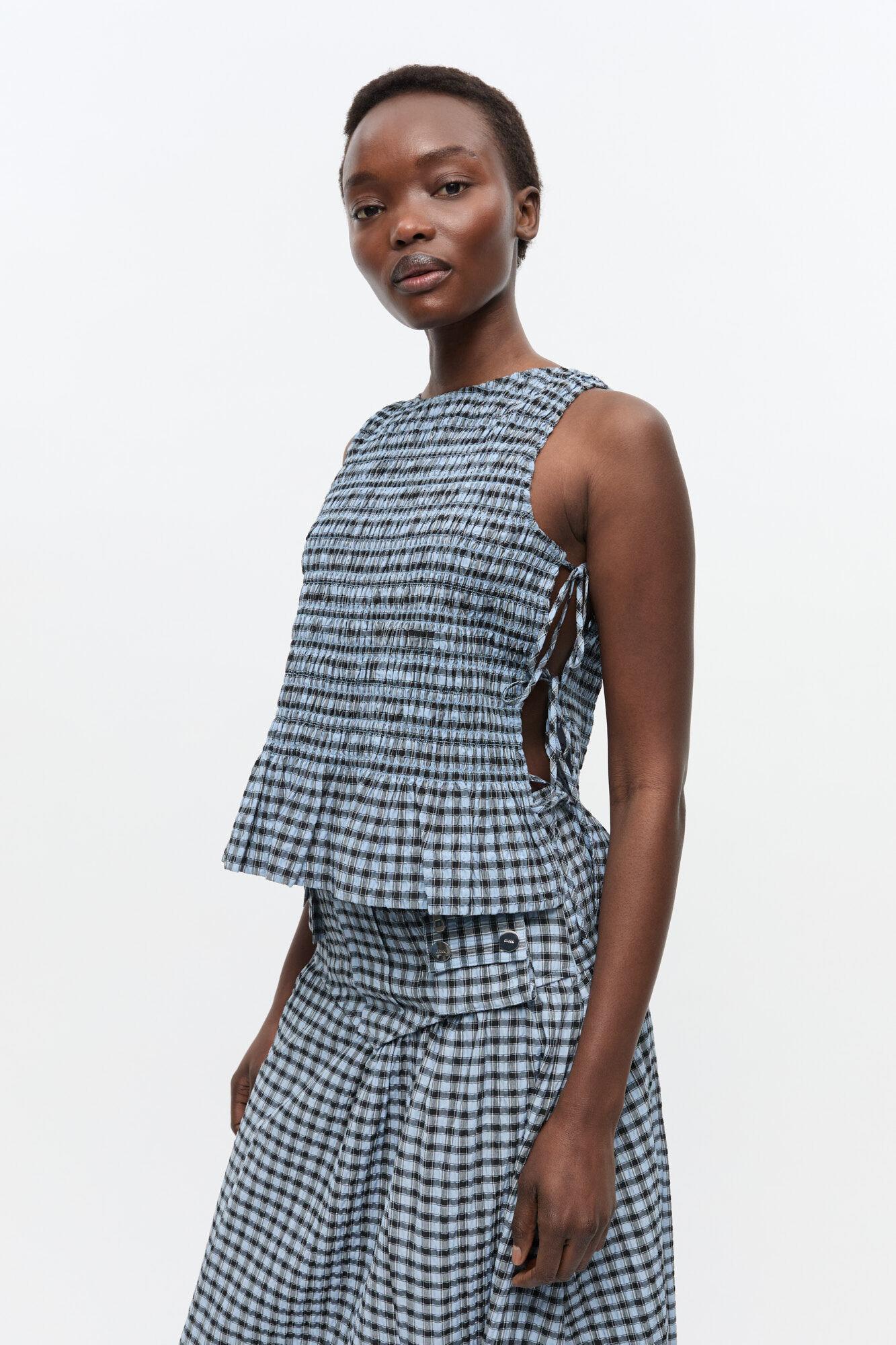 Ganni Seersucker Check Smock Tie String Top in Blue | Lyst