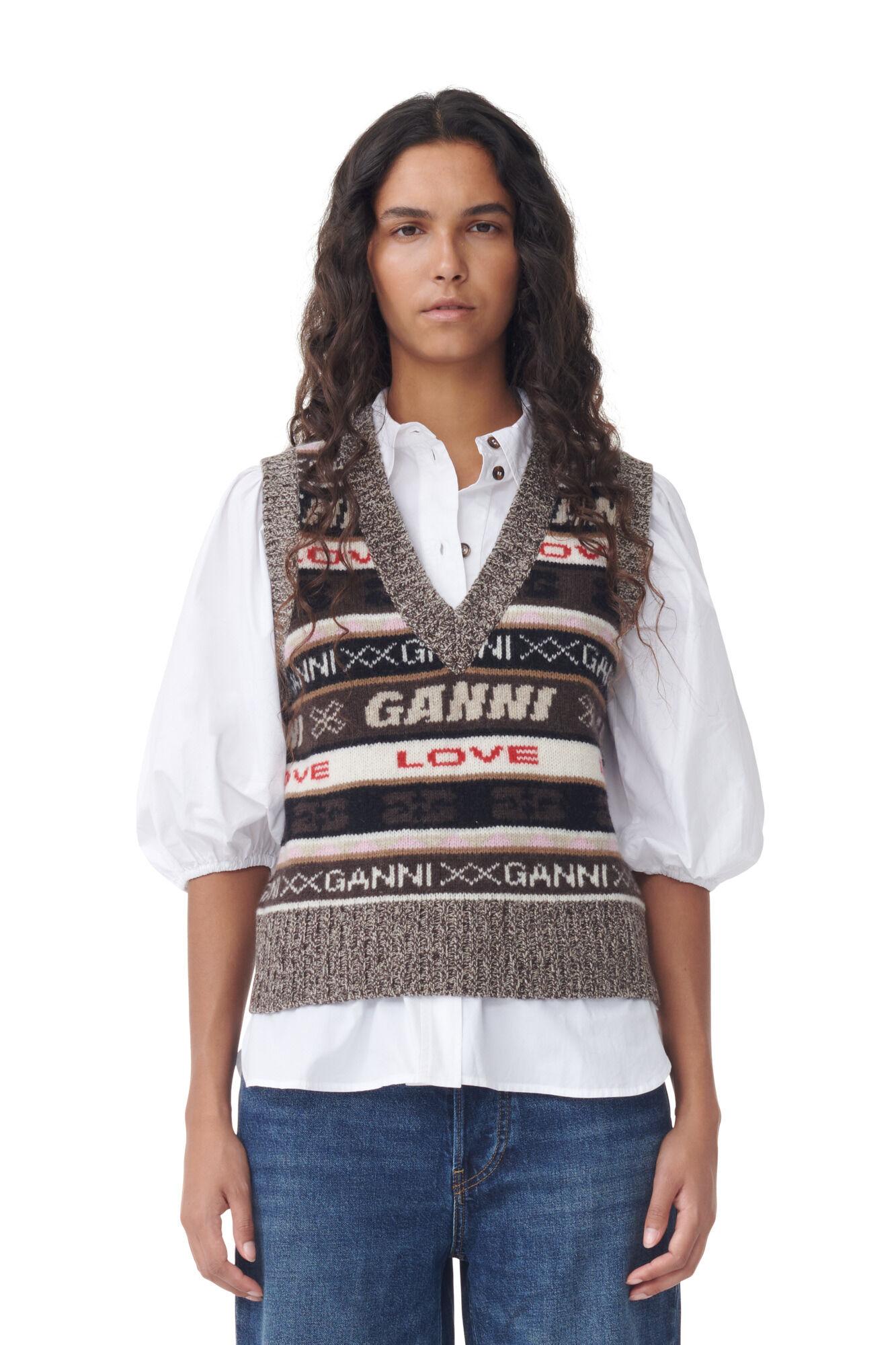 Ganni Brown Logo Wool Mix Vest | Lyst
