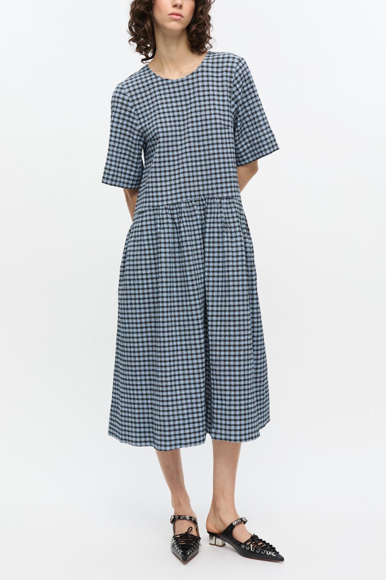 Ganni Checked Seersucker Midi Dress in Blue