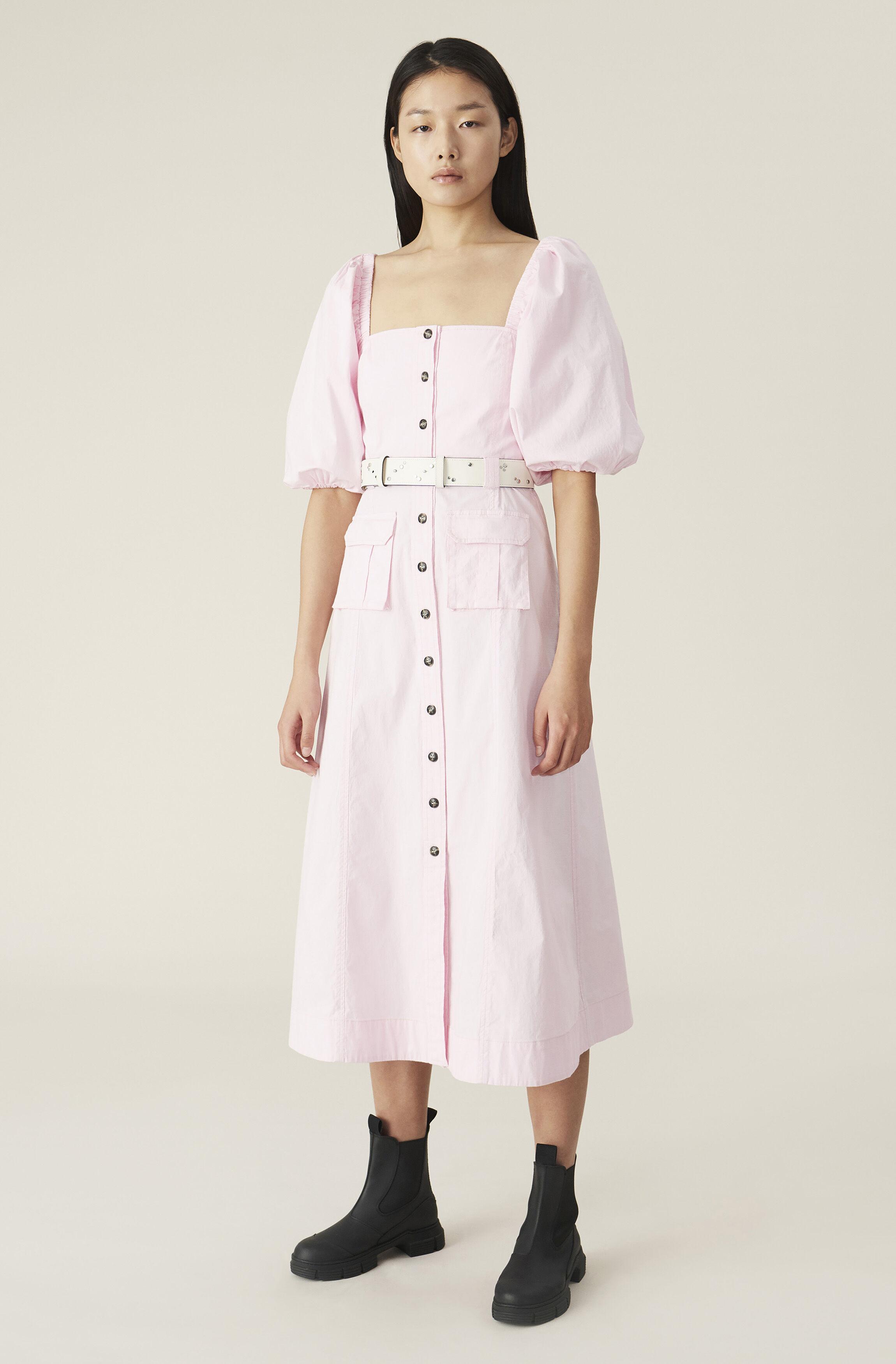 Ganni Ripstop Cotton Chino Puff Sleeve Dress in Cherry Blossom (Pink) - Lyst