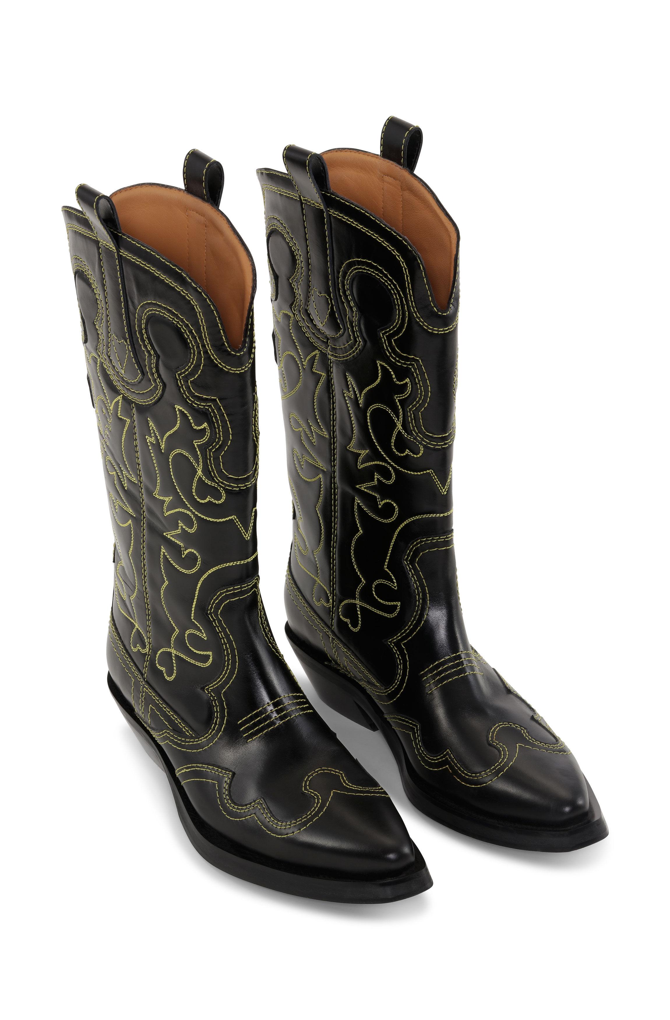 Ganni /yellow Mid Shaft Embroidered Western Boots in Black | Lyst