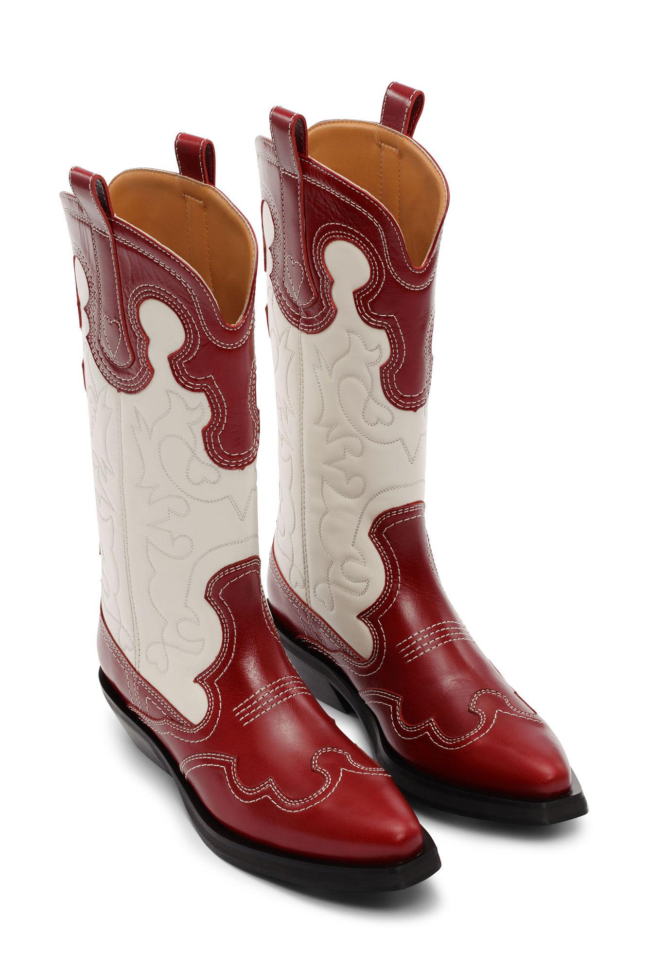 Ganni Red/white Mid Shaft Embroidered Western Boots | Lyst